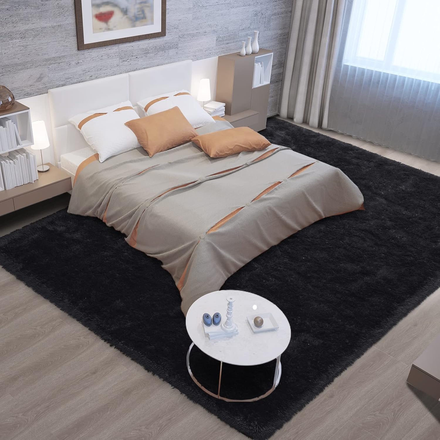 Alfombras negras ultrasuaves para dormitorio, de 7 x 10 pies, alfombras peludas para sala de estar, alfombra peluda grande y cómoda para niños,
