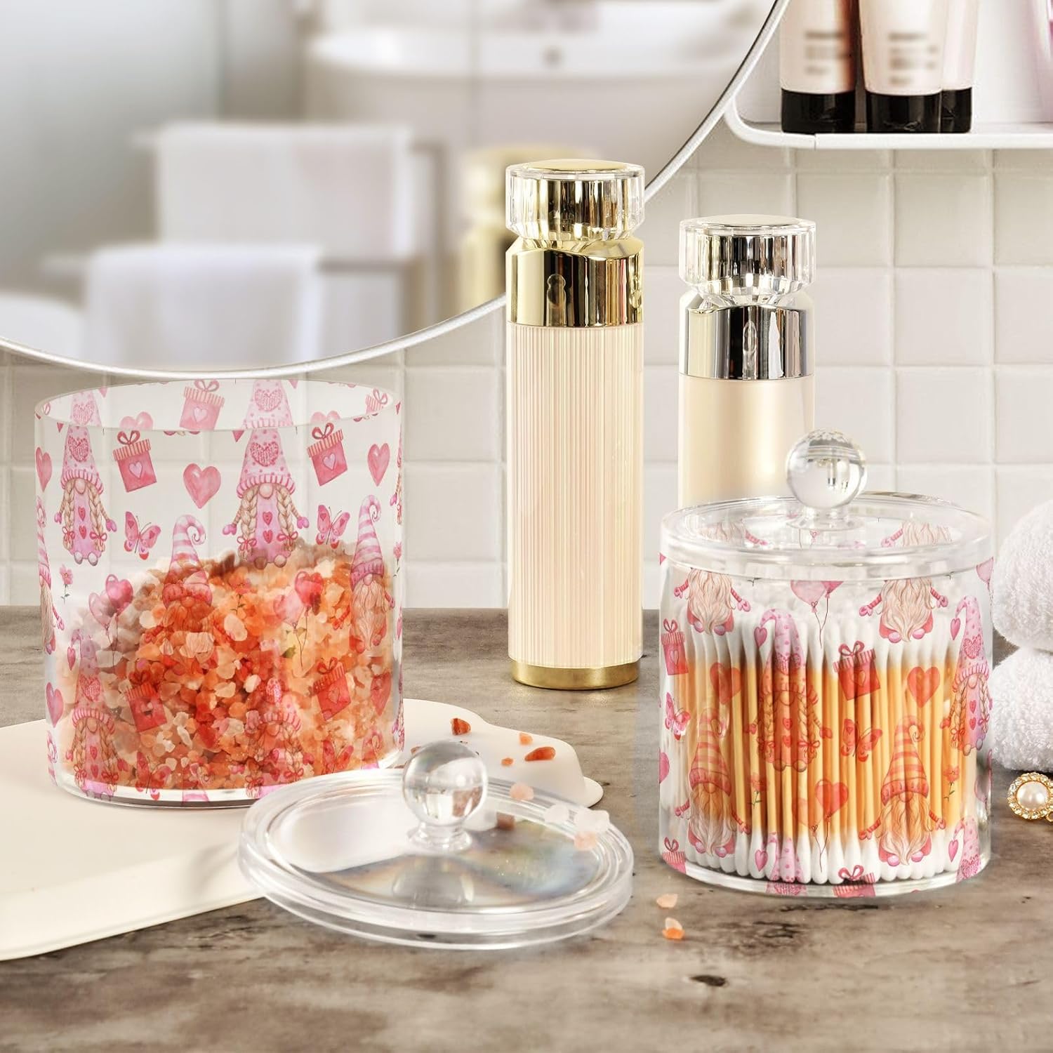 Valentines Day Gnomes Jars with Lids Plastic Jars Bathroom Containers Canister Jar Cotton Pad Dispenser for Dorm Room Essentials for College