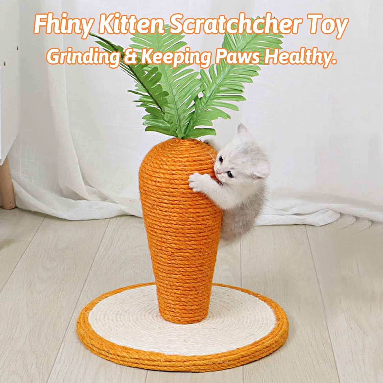Fhiny Rabbit Scratch Toy, Natural Sisal Interactive Bunny Claw Scratcher for Indoor Kittens, Cute Carrot Rabbit Nail Scratching Post for Kitten