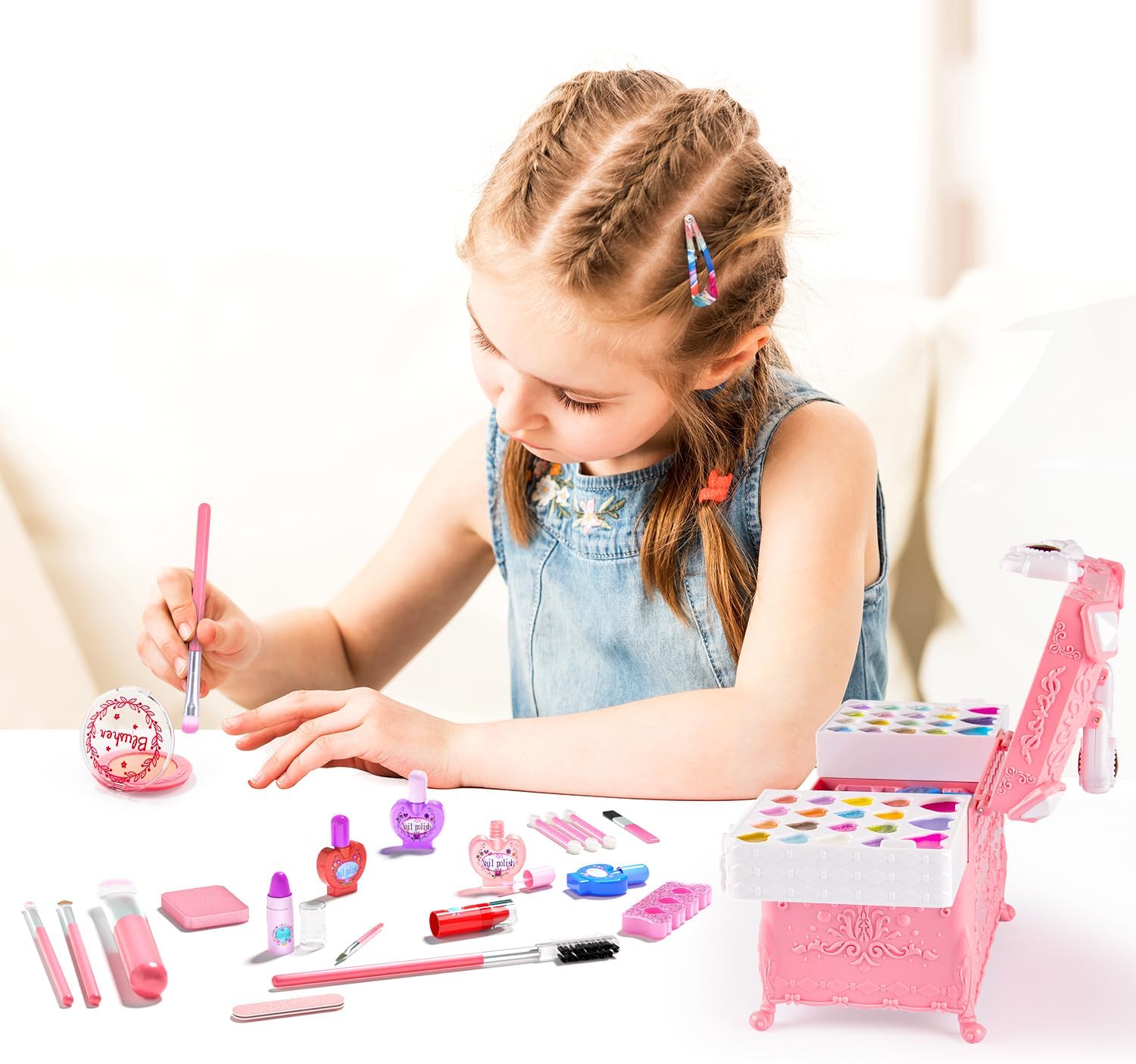 Kit de maquillaje infantil para niñas, juego de maquillaje de princesa lavable real, 66 piezas de juguetes de Mqsiuve para niñas, regalo de Navidad