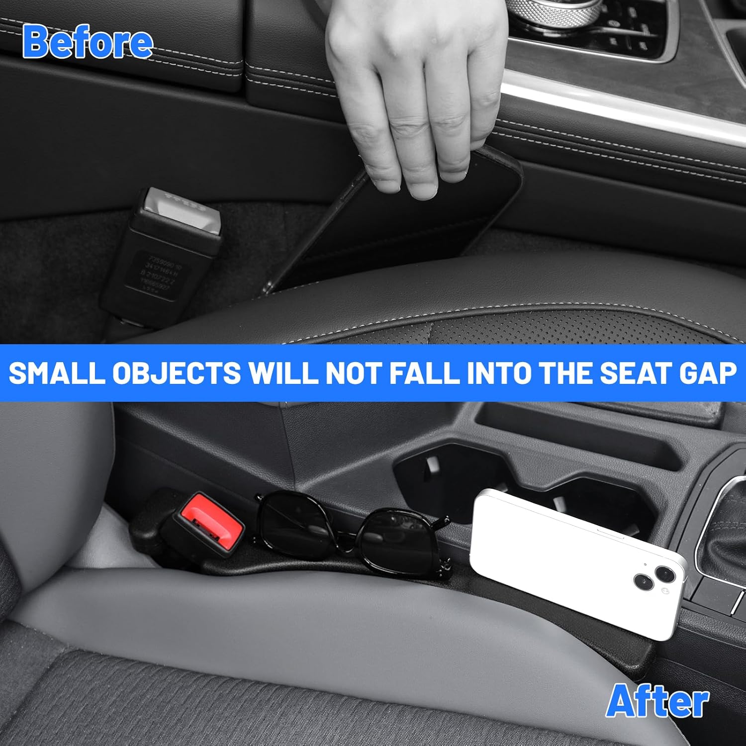 QUUREN Paquete de 2 rellenos de huecos para asiento de automóvil con agujeros para cinturón de seguridad, organizador de espacio para asiento de