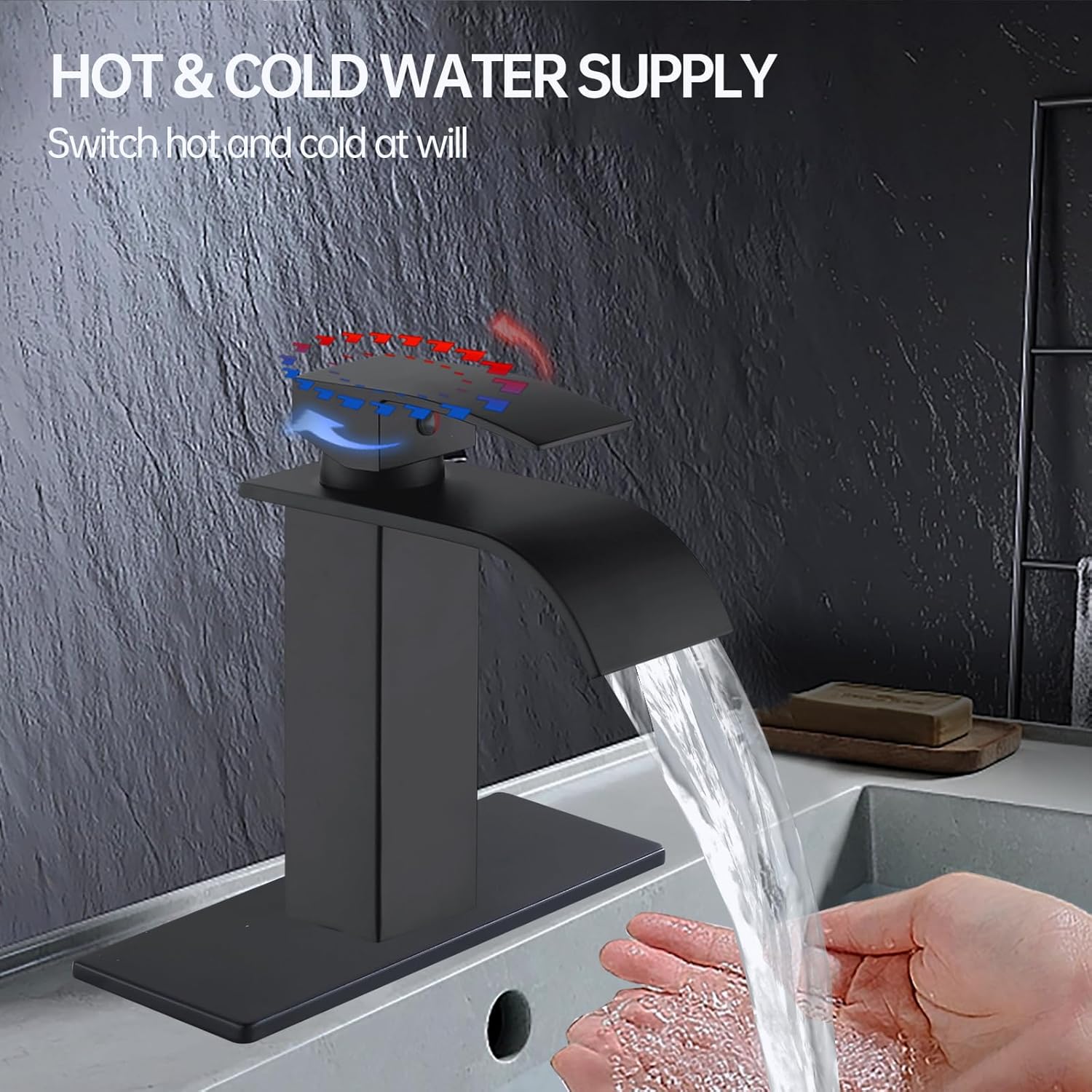 Grifos de baño para fregadero de 3 agujeros, grifo de baño de cascada negro mate, grifo de lavabo de baño a prueba de flecos con desbordamiento,