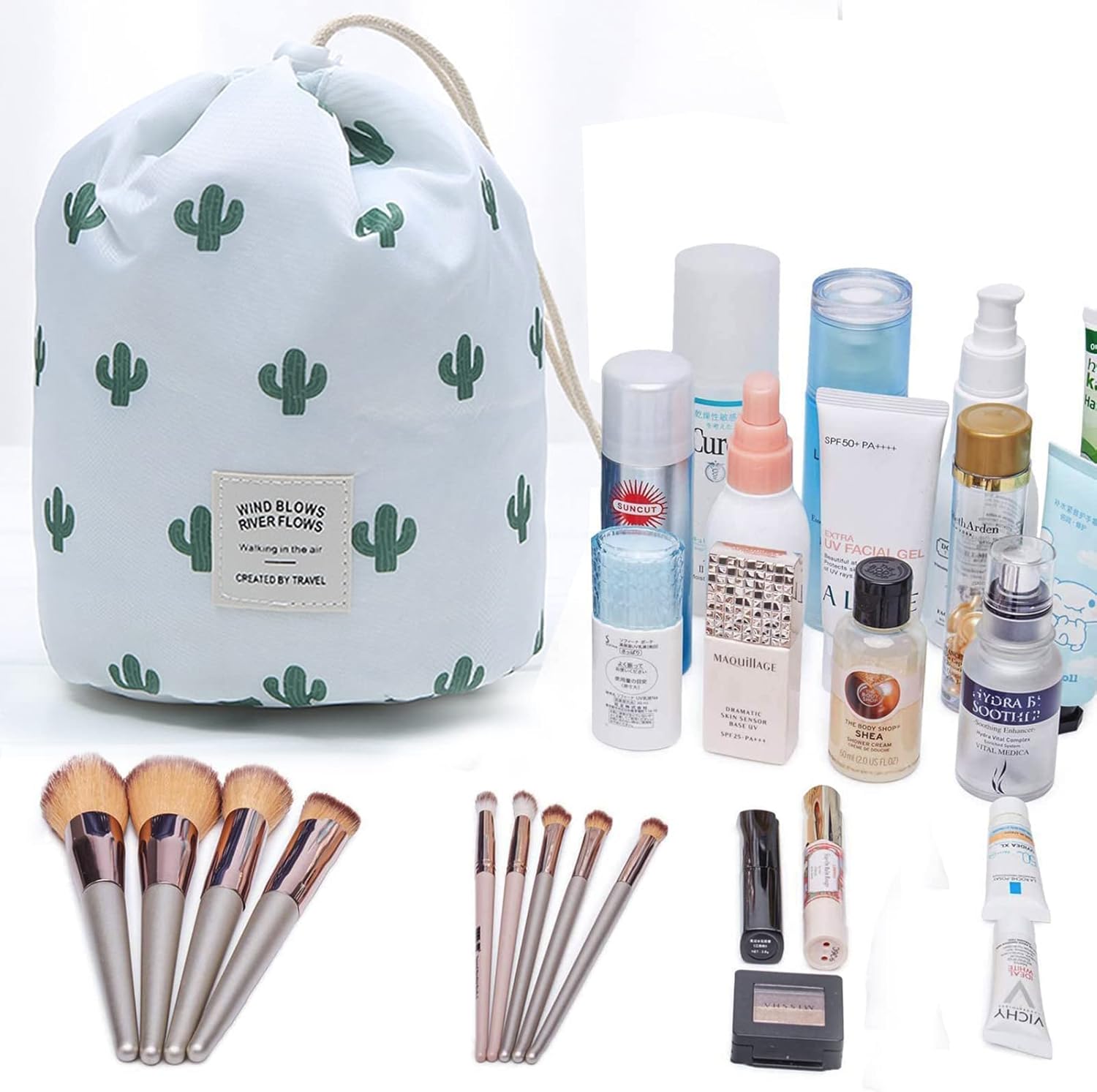 INVODA Bolsa de cosméticos de viaje para mujer, organizador de maquillaje con cordón, portátil, multifuncional, impermeable, bolsa de barril de
