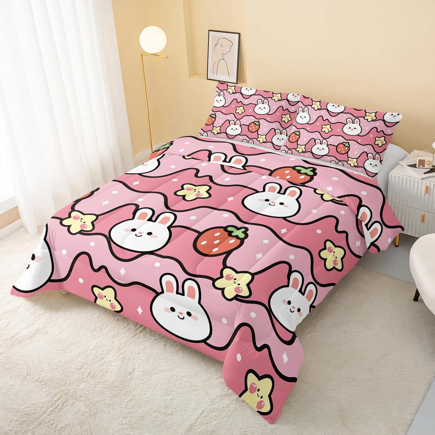 QOOMO Edredón Kawaii de conejo, juego de edredón de conejo fresa para niños y niñas, juego de ropa de cama de 3 piezas impreso con 2 fundas de