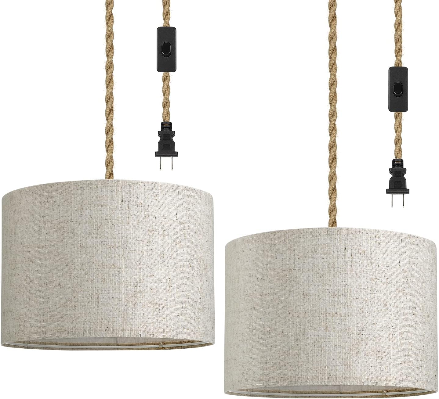 EDISHINE Paquete de 2 lámparas colgantes estilo bohemio enchufables, luces colgantes con cable de cuerda de cáñamo de 15 pies, pantalla de lámpara