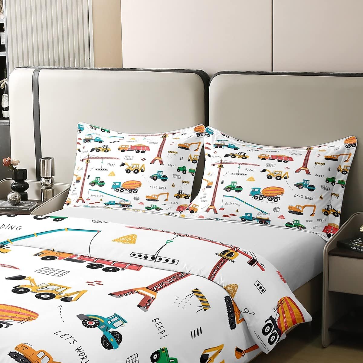 Juego de funda de edredón 100% algodón para excavadora tamaño queen, tractor, maquinaria, camiones, ropa de cama para niños y niños, funda de
