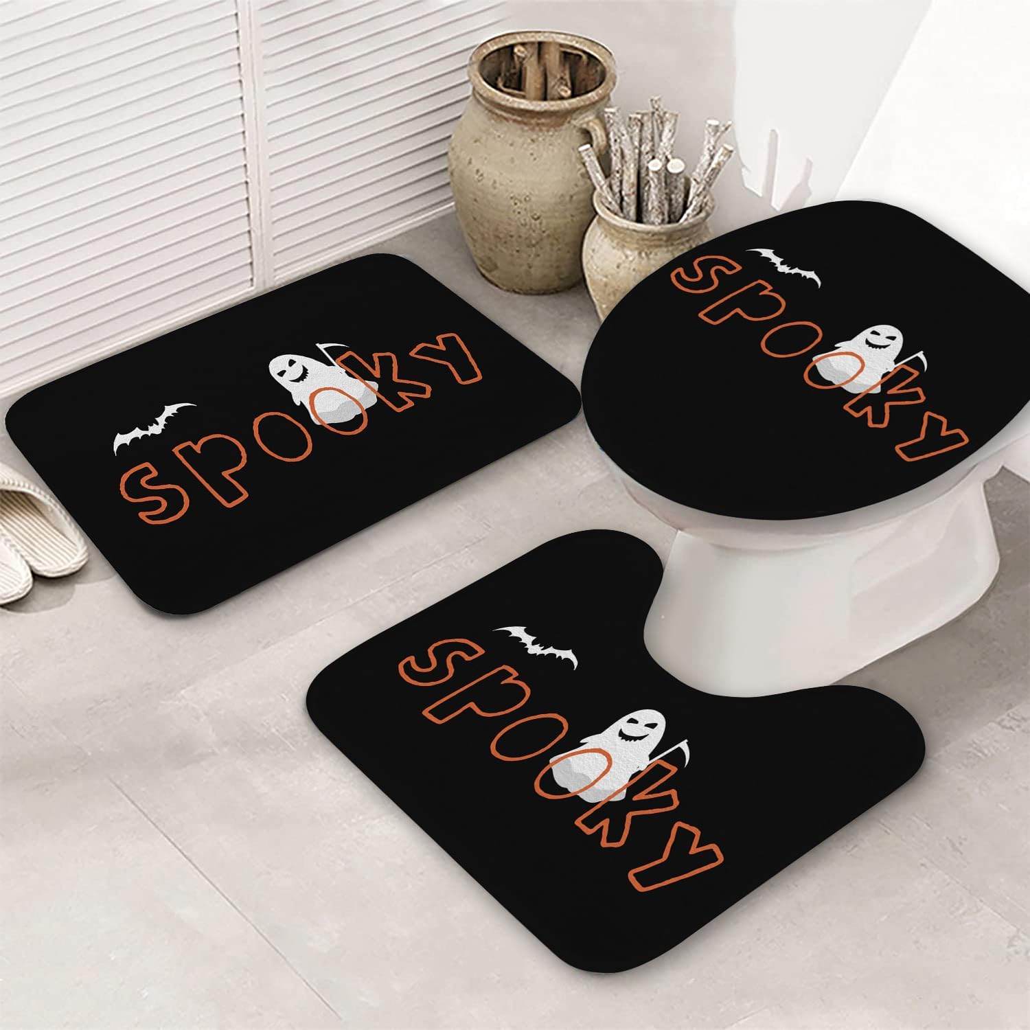 Aremetop Juego de 3 tapetes de baño de Halloween para decoración de otoño, decoración de casa de campo de fantasma, fantasma, murciélagos
