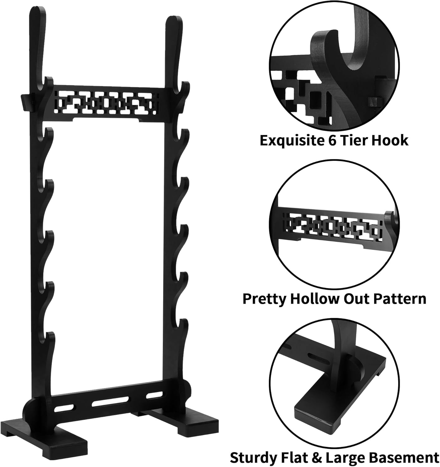 6 Tier Sword Stand Display Floor,Wood Katana Sword Holder,Black Samurai Sword Stand,Sturdy Sword Rack Floor Stand with Classic Hollow Out Pattern