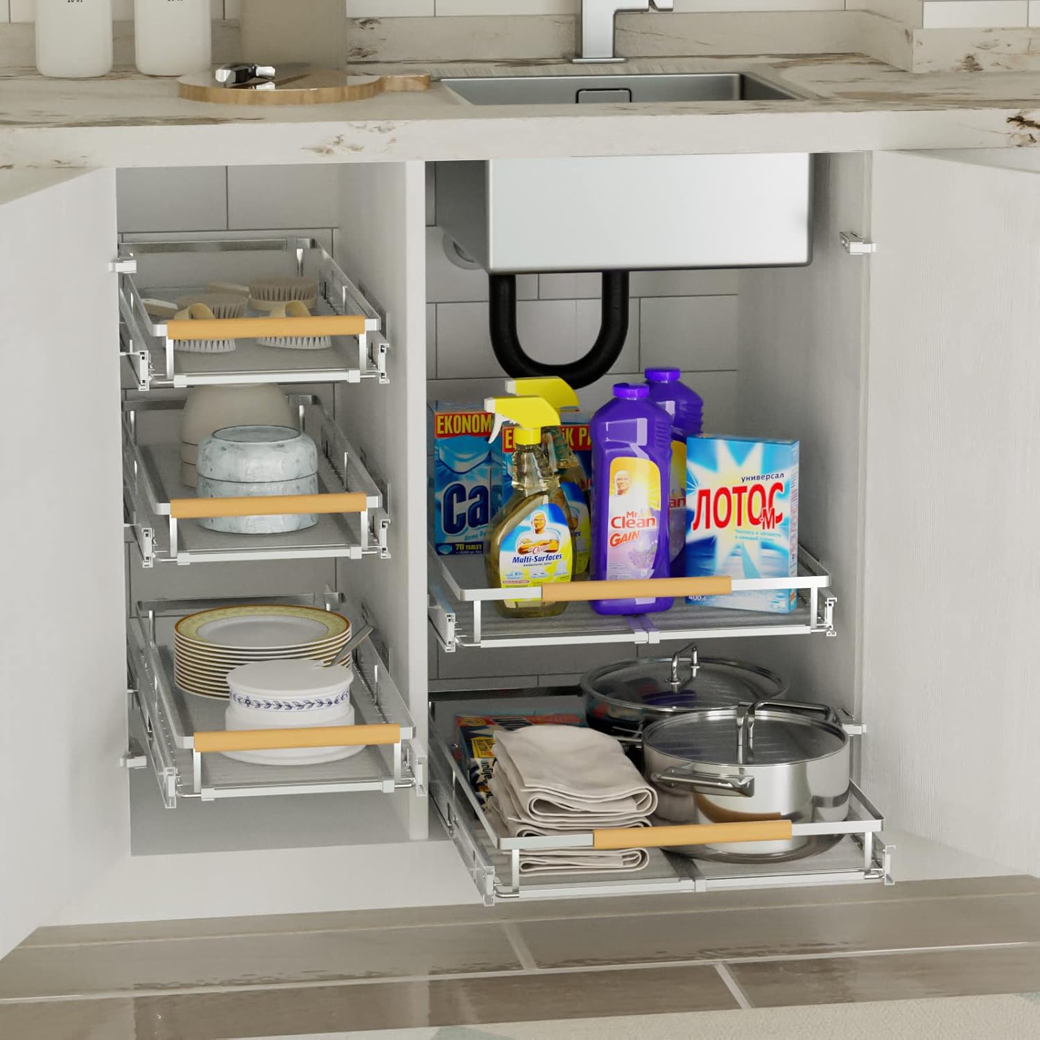 SANNO Organizador de gabinete extensible deslizante, organizador de gabinete extraíble, estante deslizante de cocina debajo del fregadero, estantes