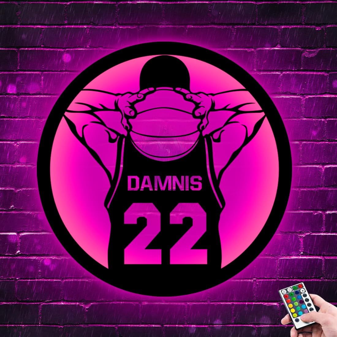 Letrero de metal personalizado para jugador de baloncesto con luz LED, nombre y número personalizados, arte de pared de baloncesto, decoración del