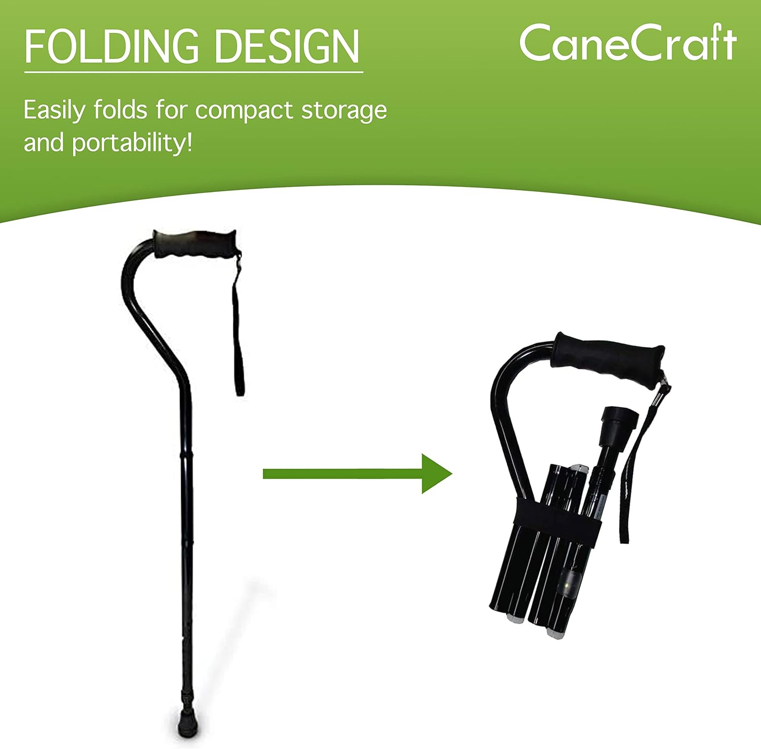 CaneCraft Bastón plegable de diseñador con mango desplazado para hombres y mujeres, bastón ligero y ajustable con mango de goma ergonómico, correa