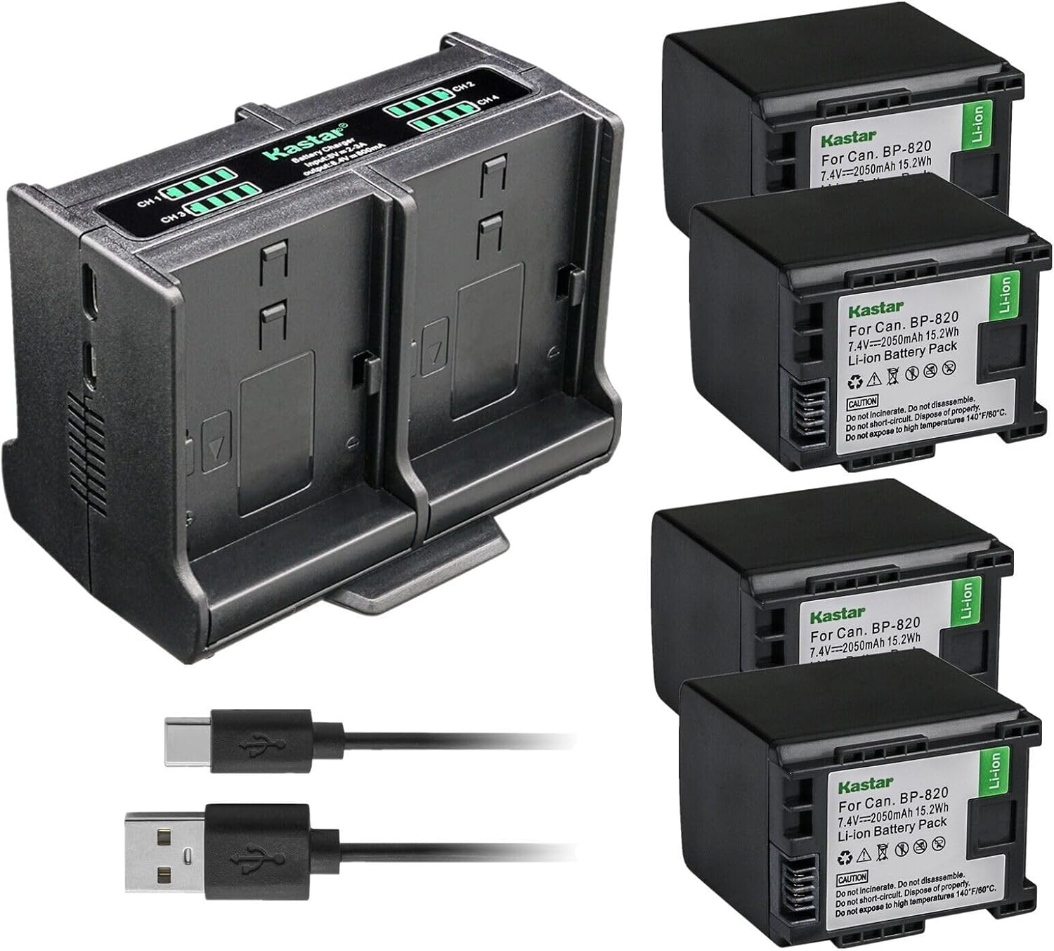 Kastar Paquete de 4 baterías y cargador cuádruple compatible con Canon BP-820 BP820, BP-828 BP828, cargador CG-800 CG800, Canon XA60, Canon XA65,