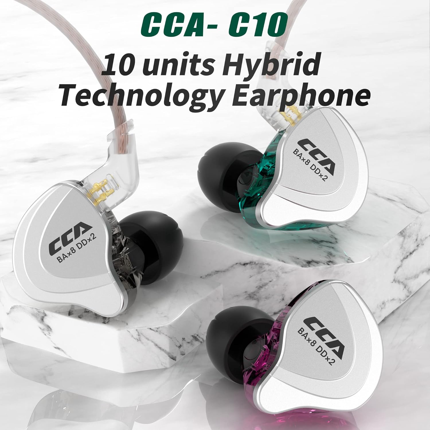 YINYOO CCA C10 – Monitores de oído, auriculares IEM con controladores híbridos de 4ba 1dd con cable desmontable sin enredos, auriculares con cable