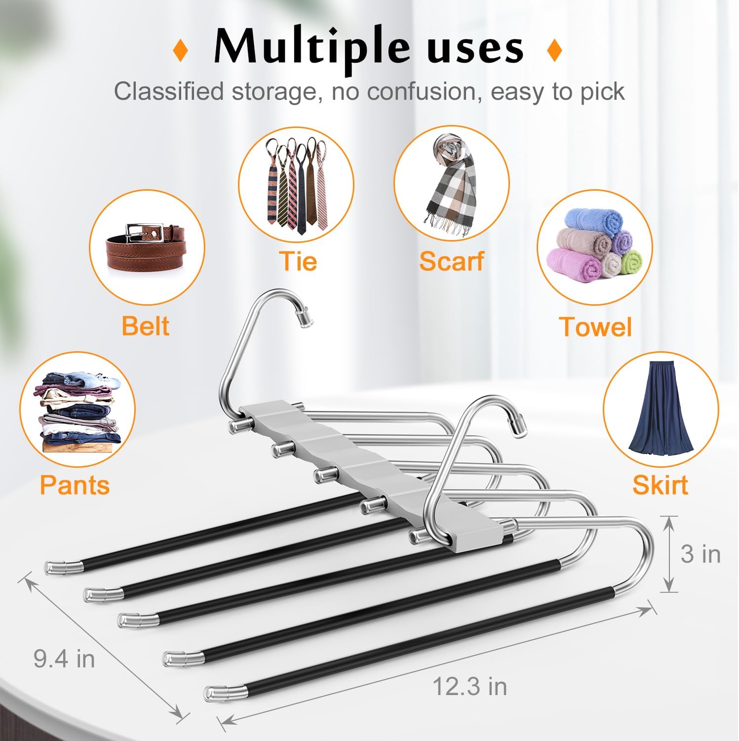 Loretoy Paquete de 4 perchas para pantalones que ahorran espacio, estante multifuncional antideslizante para pantalones, tubo de acero inoxidable