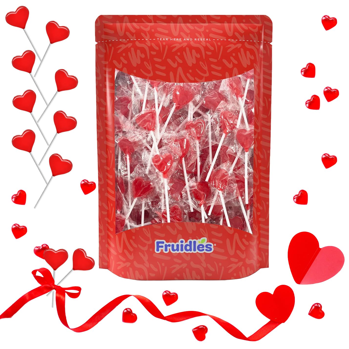 Mini paletas para el día de San Valentín con forma de corazón rojo con sabor a fresa, envueltas individualmente, paletas de 0.18oz, aprox. 40