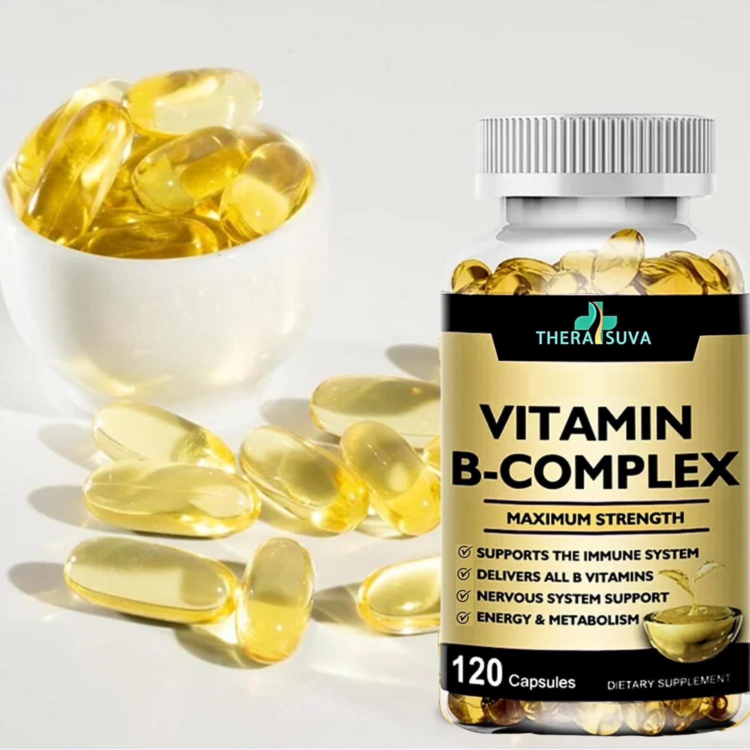Thera SUVA Max Strength Vitamina B Complex + CoQ10 + Vitamina C – Suplemento para energía, apoyo al metabolismo, 120 cápsulas blandas, suministro