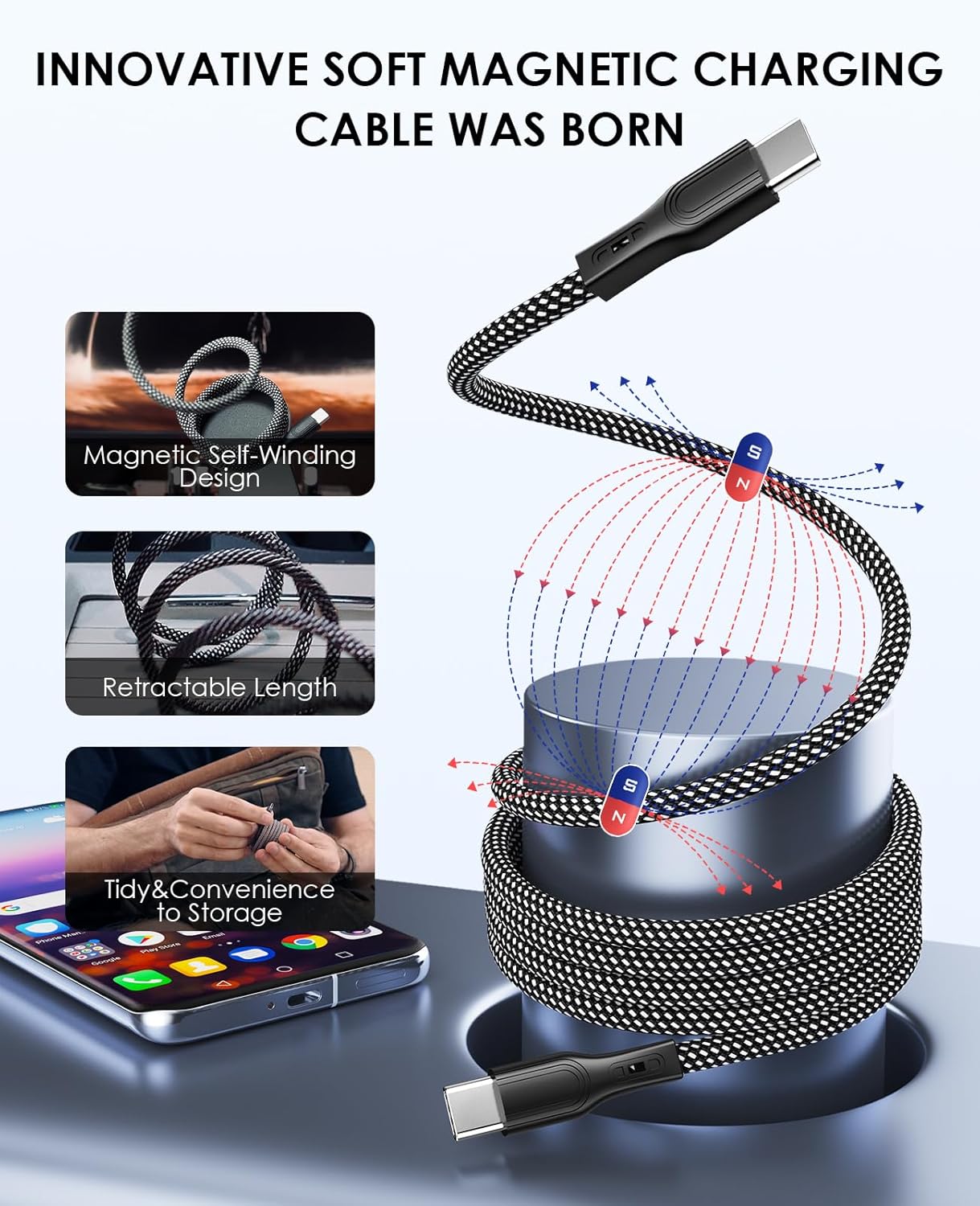 Magtame Cable de carga USB C, cable magnético PD tipo C de 60 W, carga rápida, cable USB C a USB C de 3.3 pies compatible con Samsung S23 S22 S21