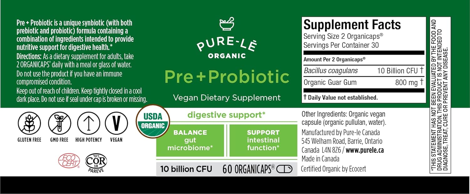 USDA Organic Prebiotic + Probiotic 60 Organicaps  Vegano Certificado Orgánico Kosher Completo Apoyo Digestivo Diario. Todo Natural  Suplemento