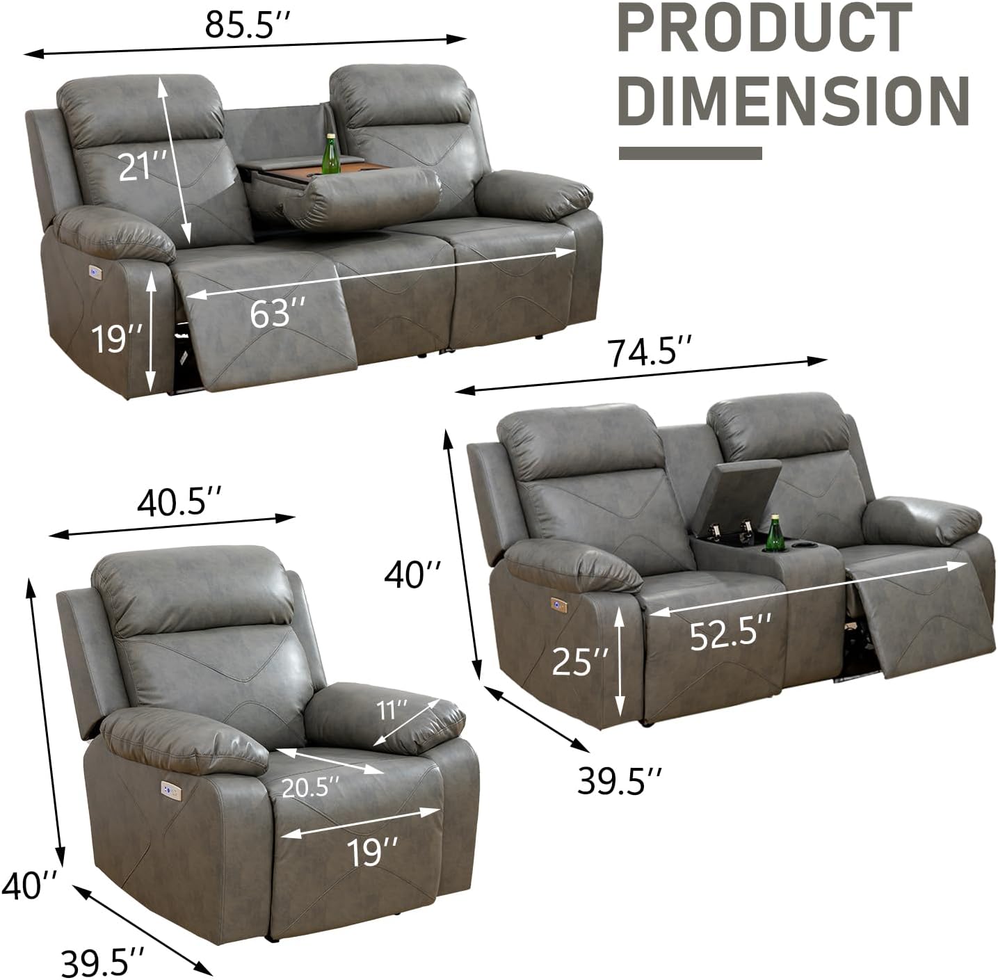 Juego de sofá reclinable de cuero eléctrico con luces LED, juego de muebles de sala de estar, juego de sofá de cuero con puerto USBconsola de