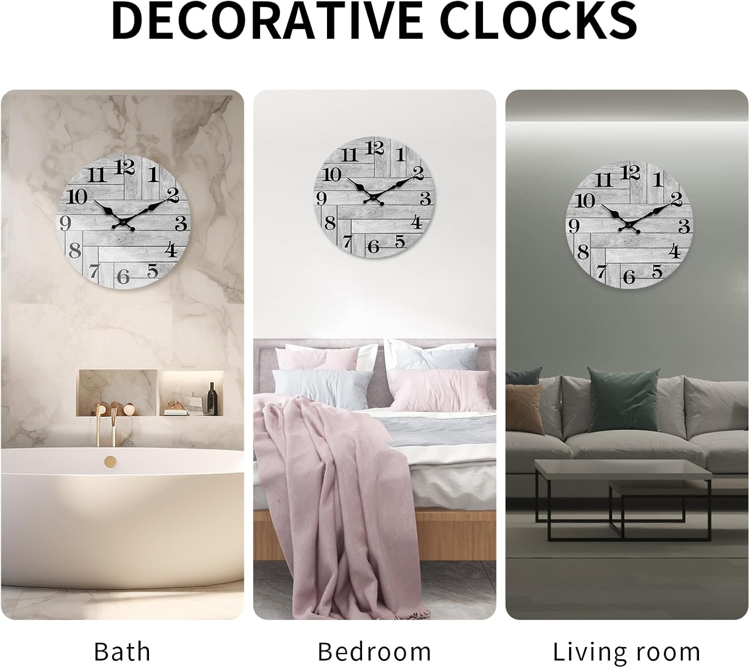Reloj de pared, silencioso, gris, funciona con pilas, sin tictac, estilo vintage, rústico, estilo pastelero, decorativo, para cocina, baño, sala de