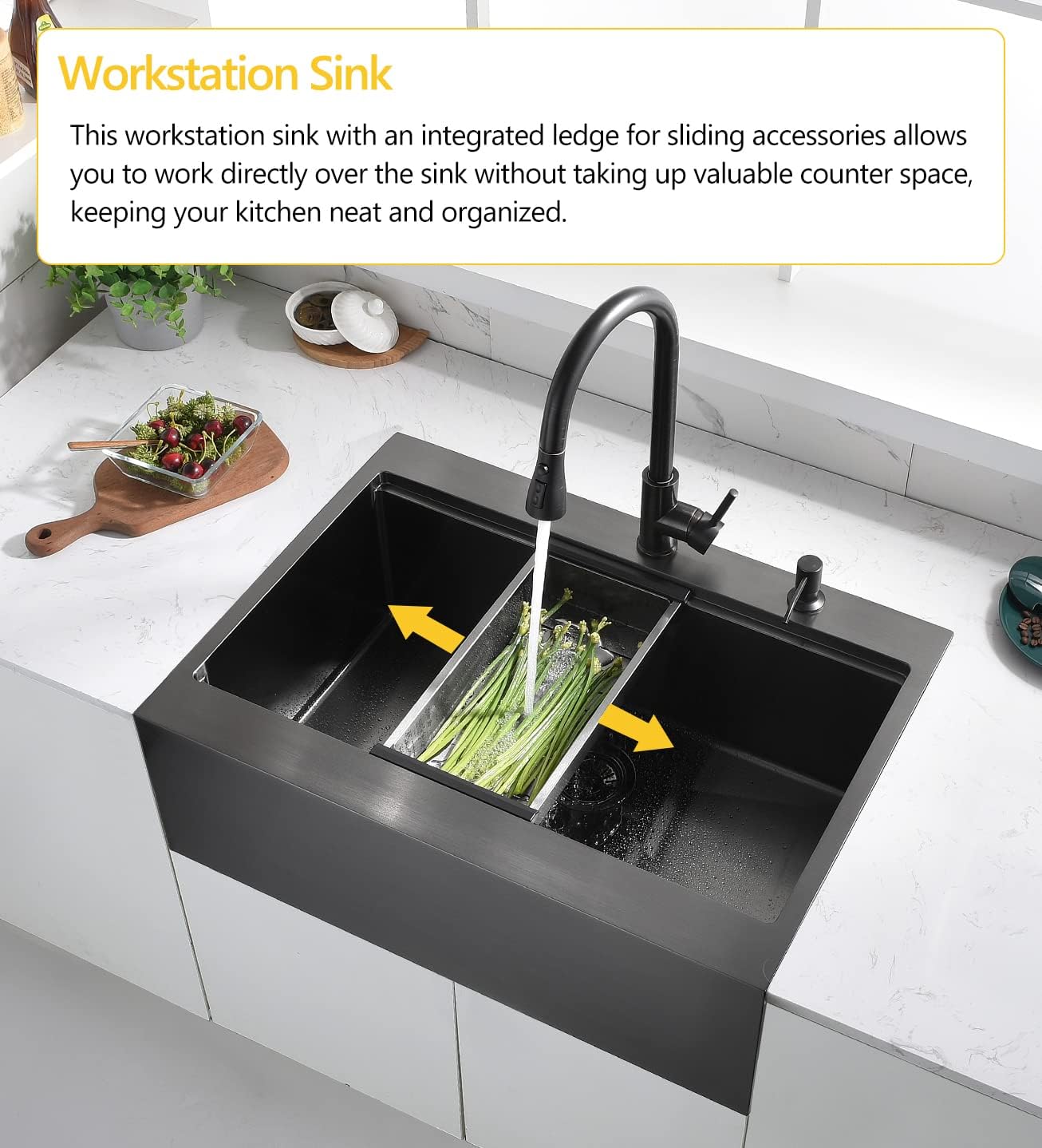 Luckyhorse LH009S – Fregadero de cocina con delantal negro de 30 pulgadas, calibre 16, acero inoxidable mate profundo, montaje superior, estación de