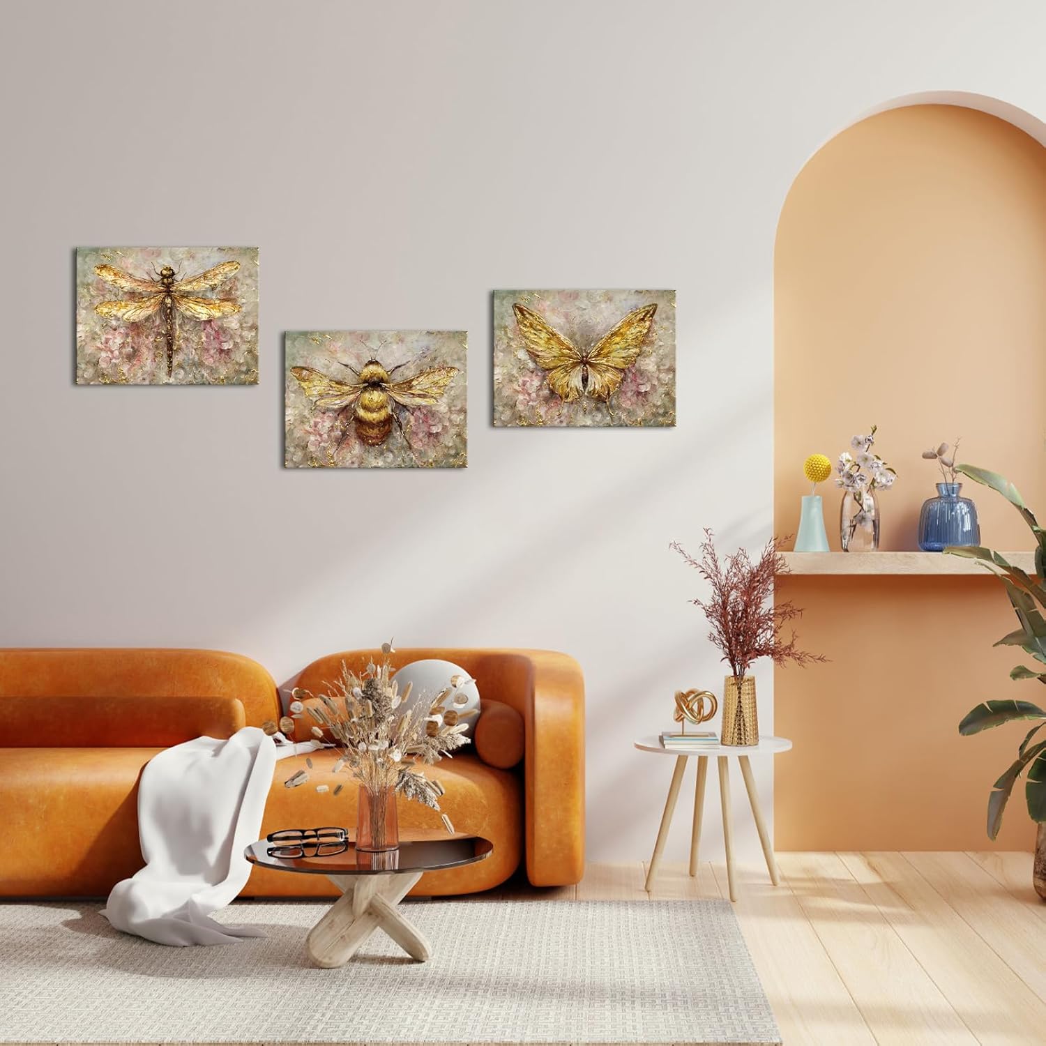 Artmyharbor Lienzo decorativo para pared, diseño de mariposa, abeja, libélula y libélula, imágenes de insectos, hermosas ilustraciones giclée, 3