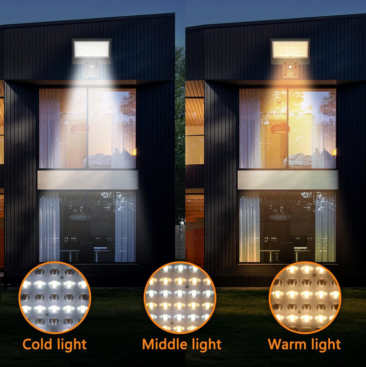 Luces solares de pared para exteriores, 2000 lúmenes, 3 sensores de movimiento de temperatura de color, luces para exteriores con control remoto, 3