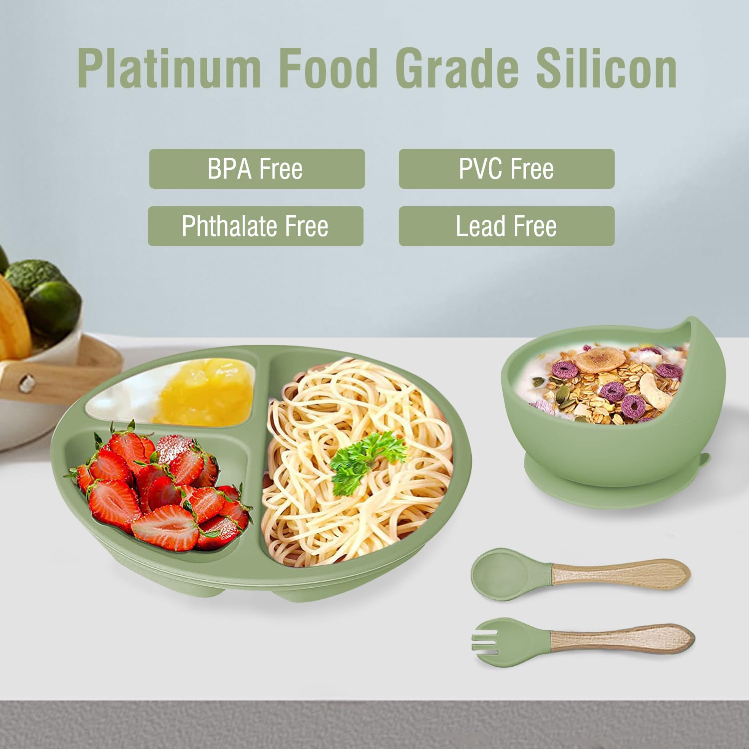 Mrkyy Juego de alimentación de bebé de silicona, suministros de destete con ventosa dividida, juego de platos de autoalimentación para niños