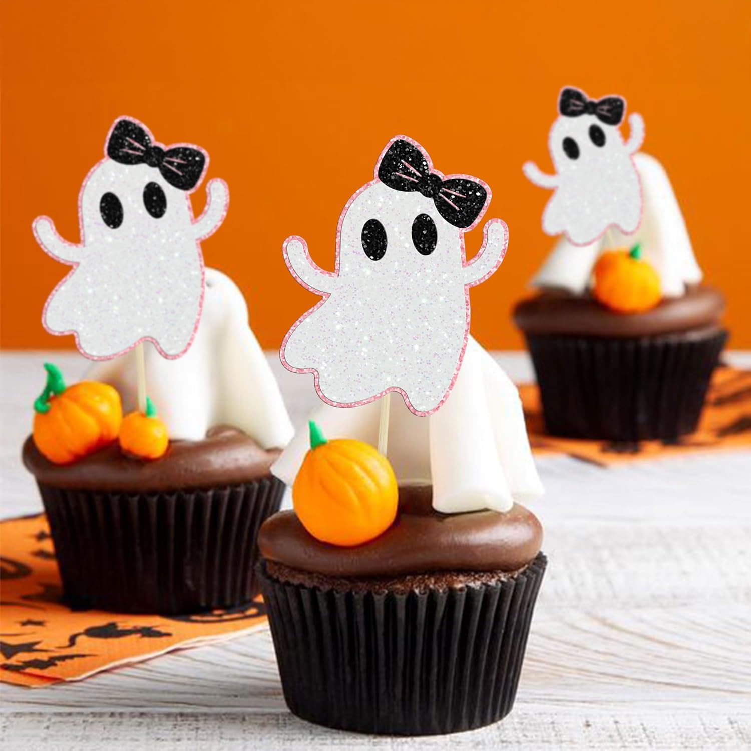 Gyufise 24 adornos de fantasmas para cupcakes con purpurina rosa para Halloween, fantasma, baby shower, decoración de cupcakes, comida fantasma,