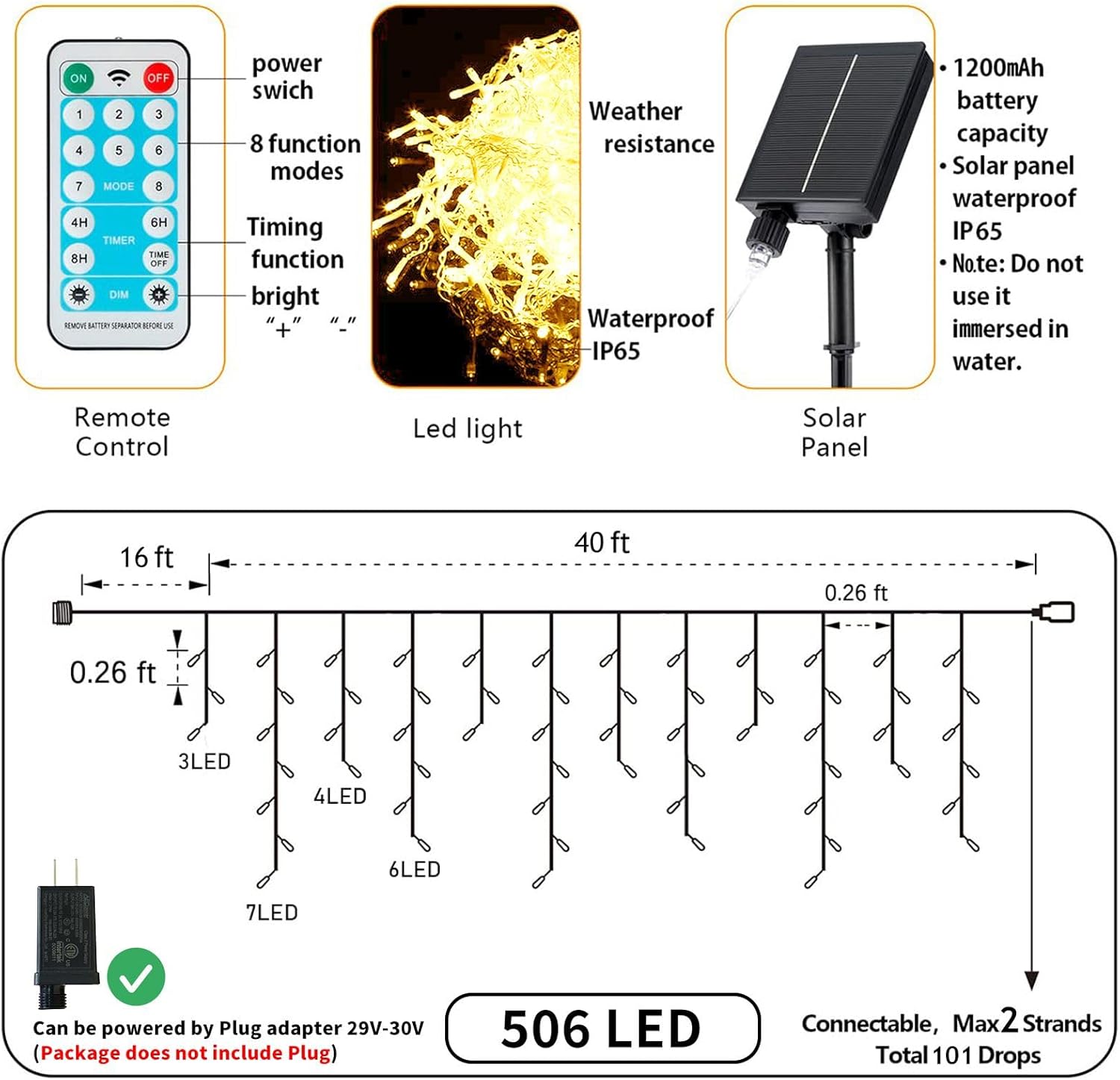 Luces solares de carámbano para decoración al aire libre  506 luces LED de Navidad de carámbano para exteriores, impermeables, con control remoto, 8