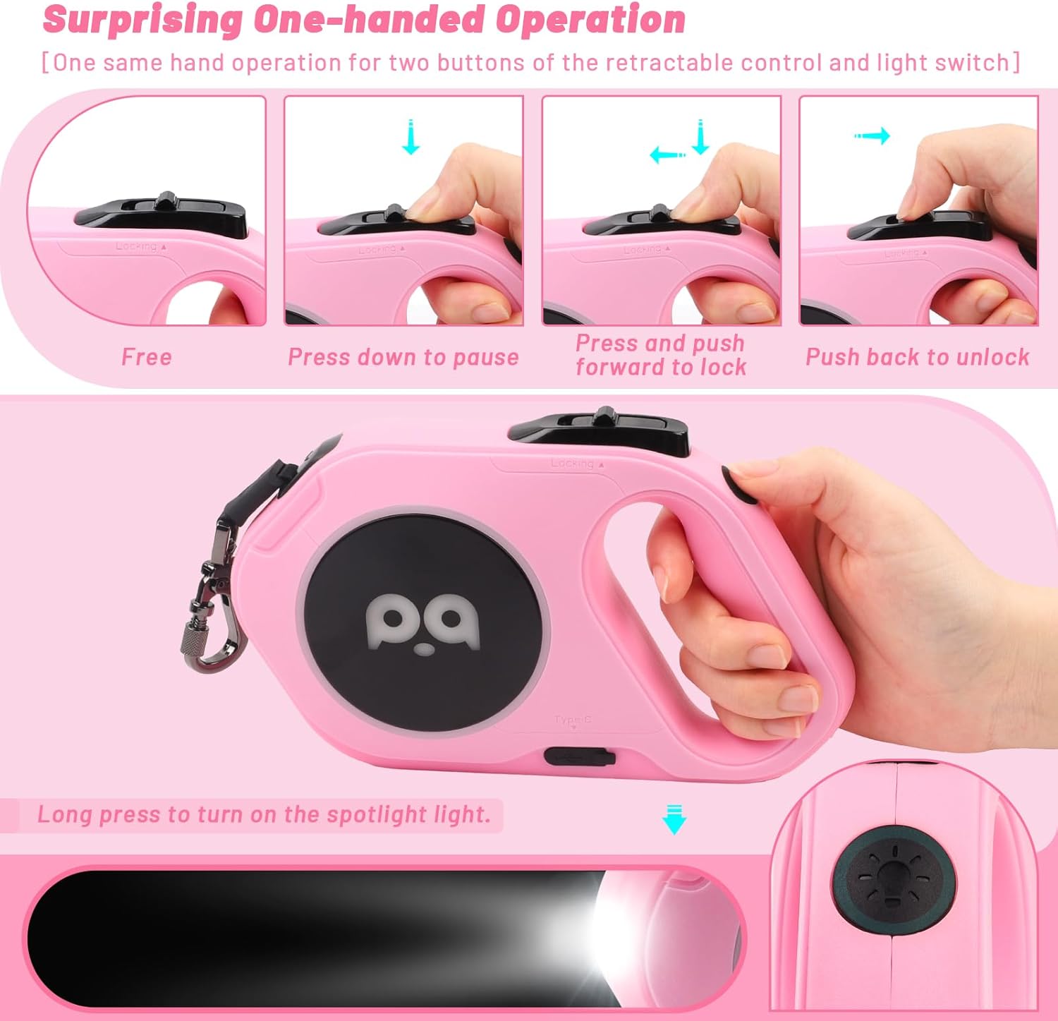 QQPETS Correa retráctil para perro con luz LED recargable, cinta de nailon resistente de 16 pies para paseos nocturnos de hasta 88 libras de