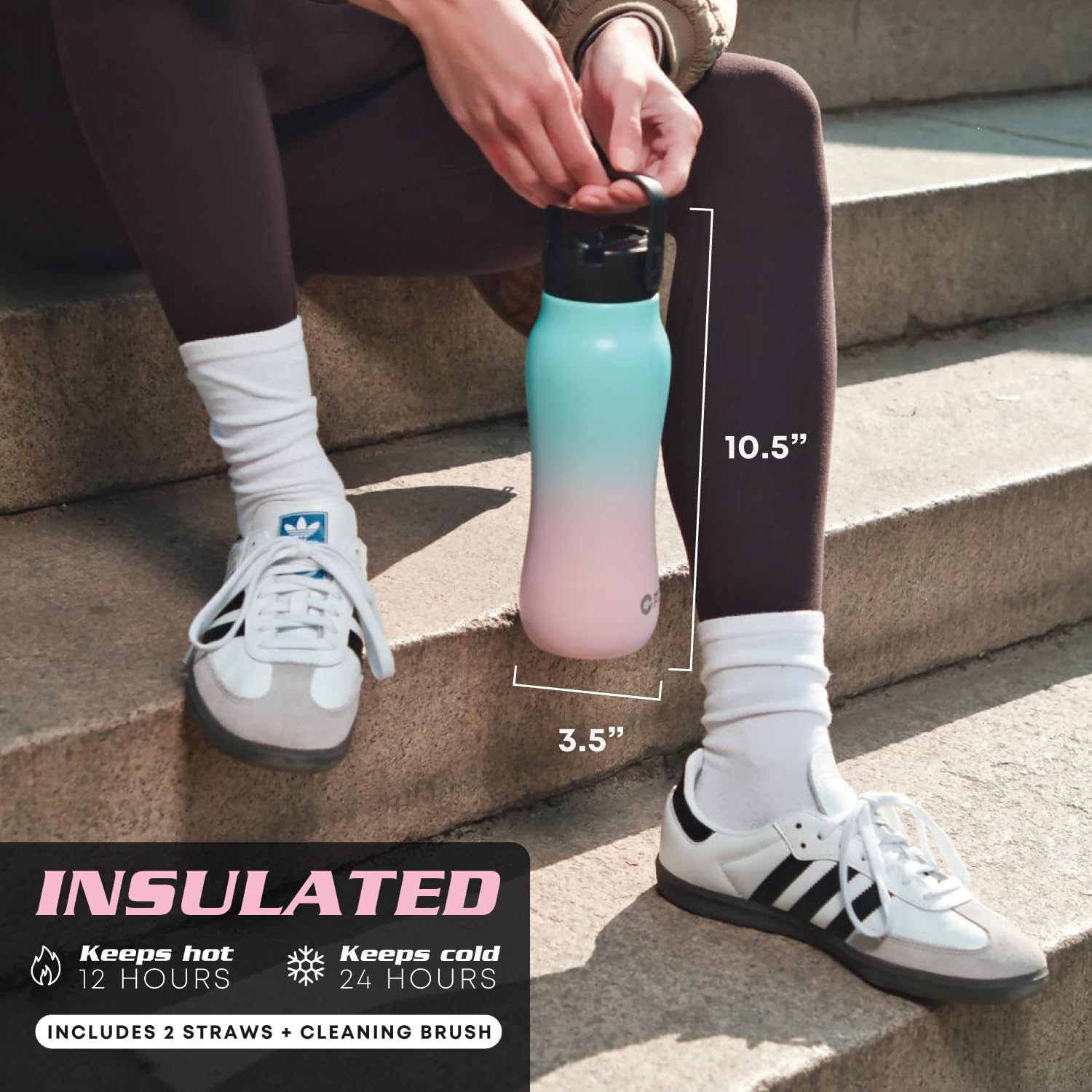 PowX Botella de agua de acero inoxidable con popote  24 onzas  Botella de agua deportiva aislada para bebidas calientes y frías  Tapa de boquilla y