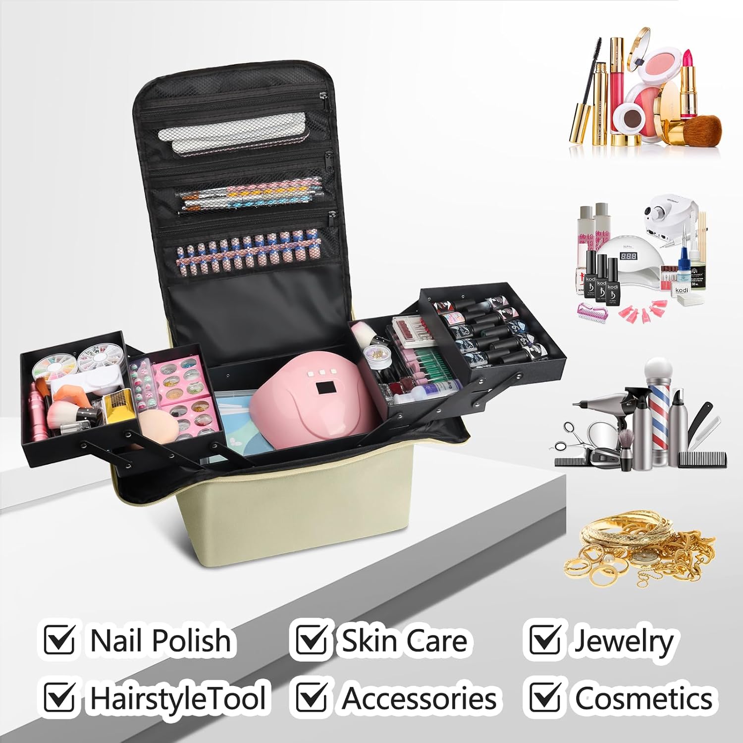 KZAOPZ Organizador grande de esmalte de uñas, 4 bandejas organizador de maquillaje, Beige, Estuche de tren para maquillaje