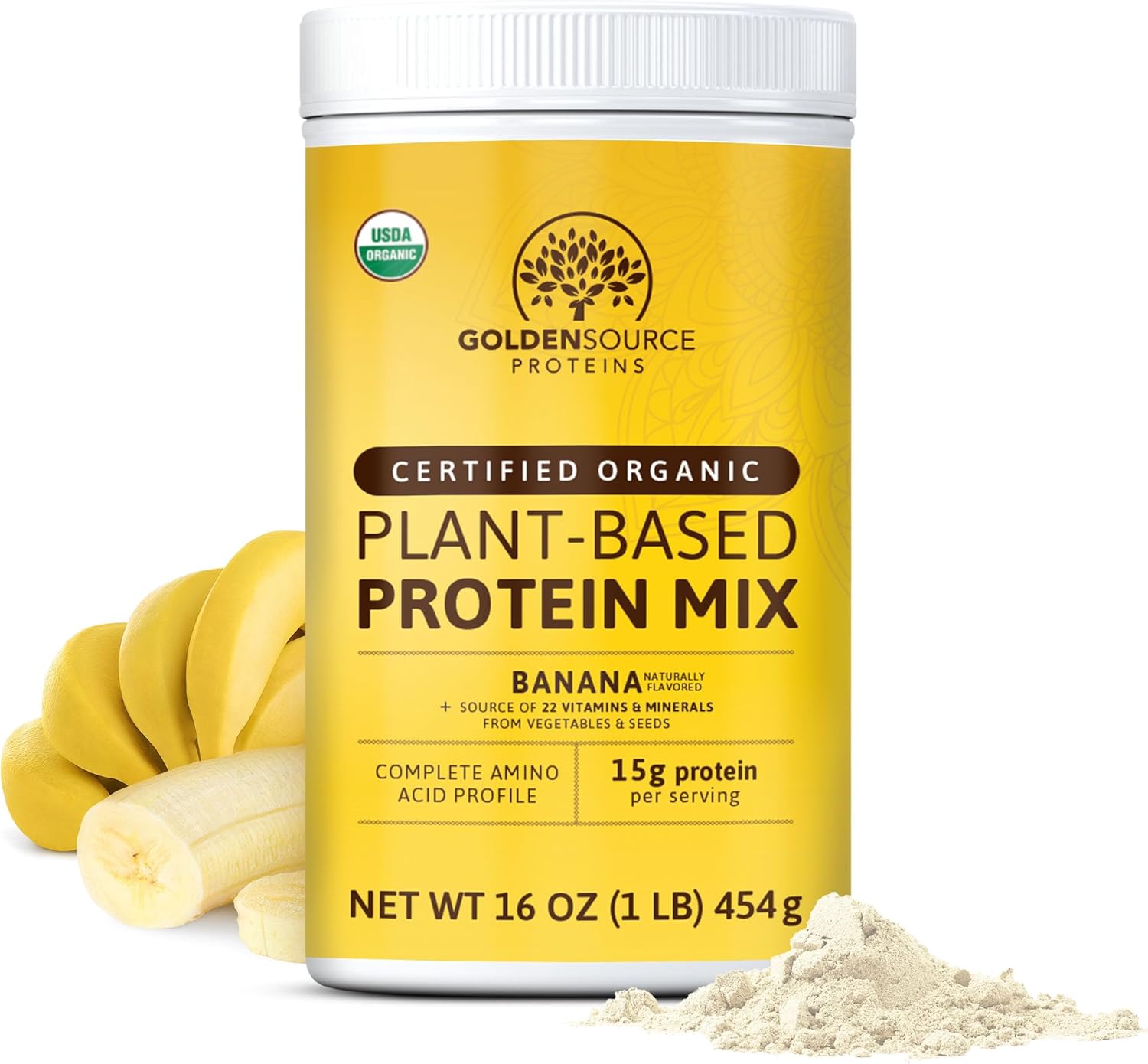 GoldenSource Proteins, plátano, proteína en polvo a base de plantas, mezcla de proteínas, proteína en polvo con 22 vitaminas y minerales, 0.63 onzas