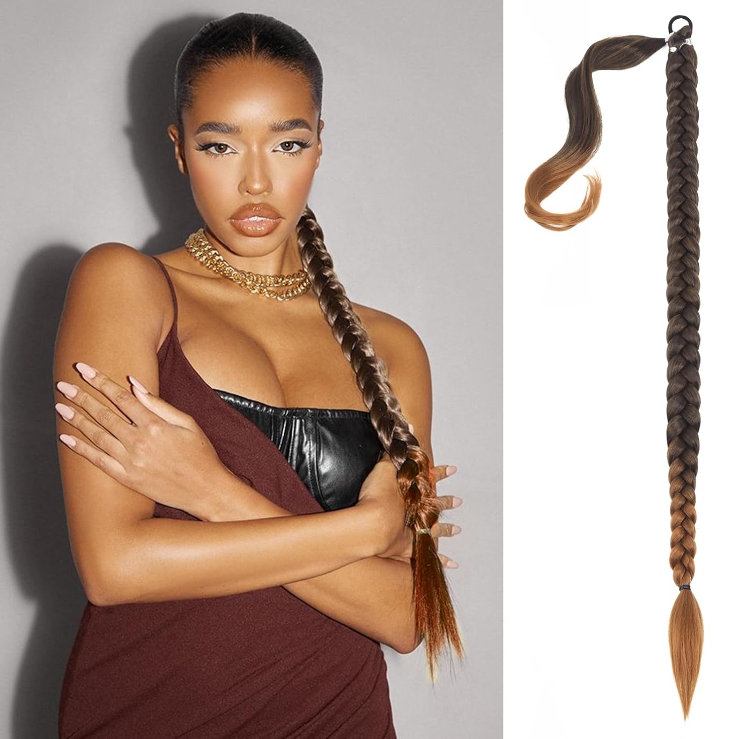Extensión de cola de caballo, extensión de cola de caballo trenzada, mujeres negras con banda para el cabello, envoltura recta con extensión de cola