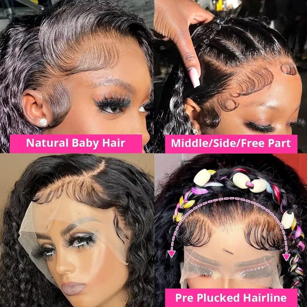Maxine Peluca de cabello humano con encaje frontal HD de 13 x 6 pulgadas, densidad del 250 %, 10A, con abuelitos, ondulado profundo, transparente,
