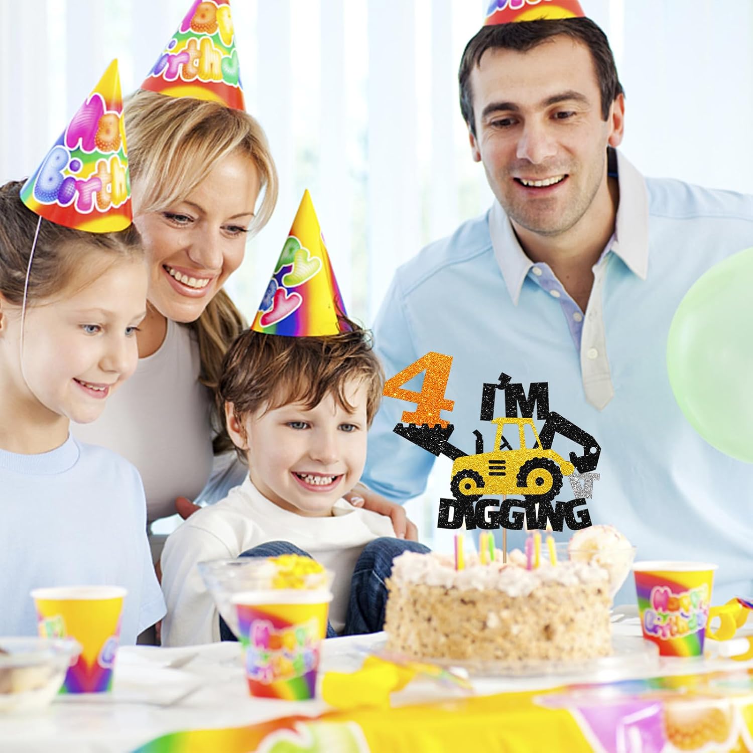 Decoración para tartas de 4 cumpleaños de construcción, excavadora, bulldozer, camión rodante, decoración de pastel de cuarto cumpleaños para niños,