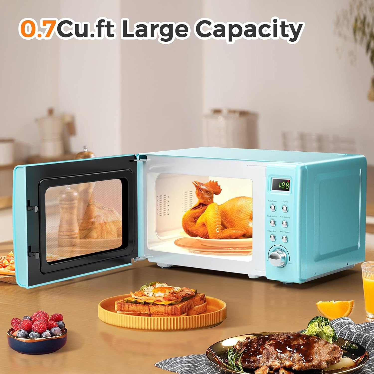 MAT EXPERT Horno microondas compacto de 0.7 pies cúbicos, temporizador digital y bloqueo para niños, microondas pequeño con plato giratorio de