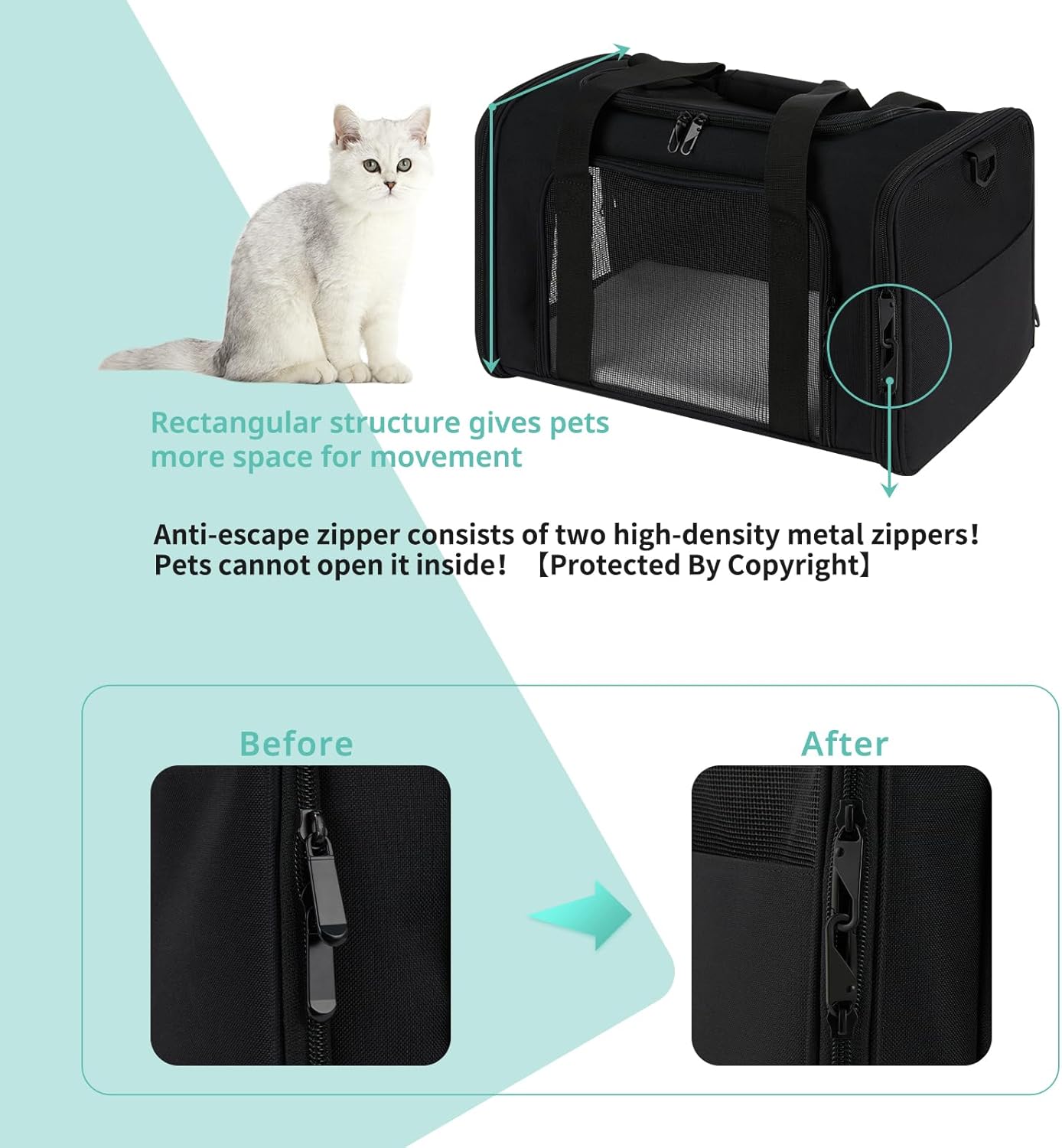 Transportador para gatos, transportador de mascotas para gatos medianos y grandes, aprobado por la TSA con 2 cremalleras de prevención de escape