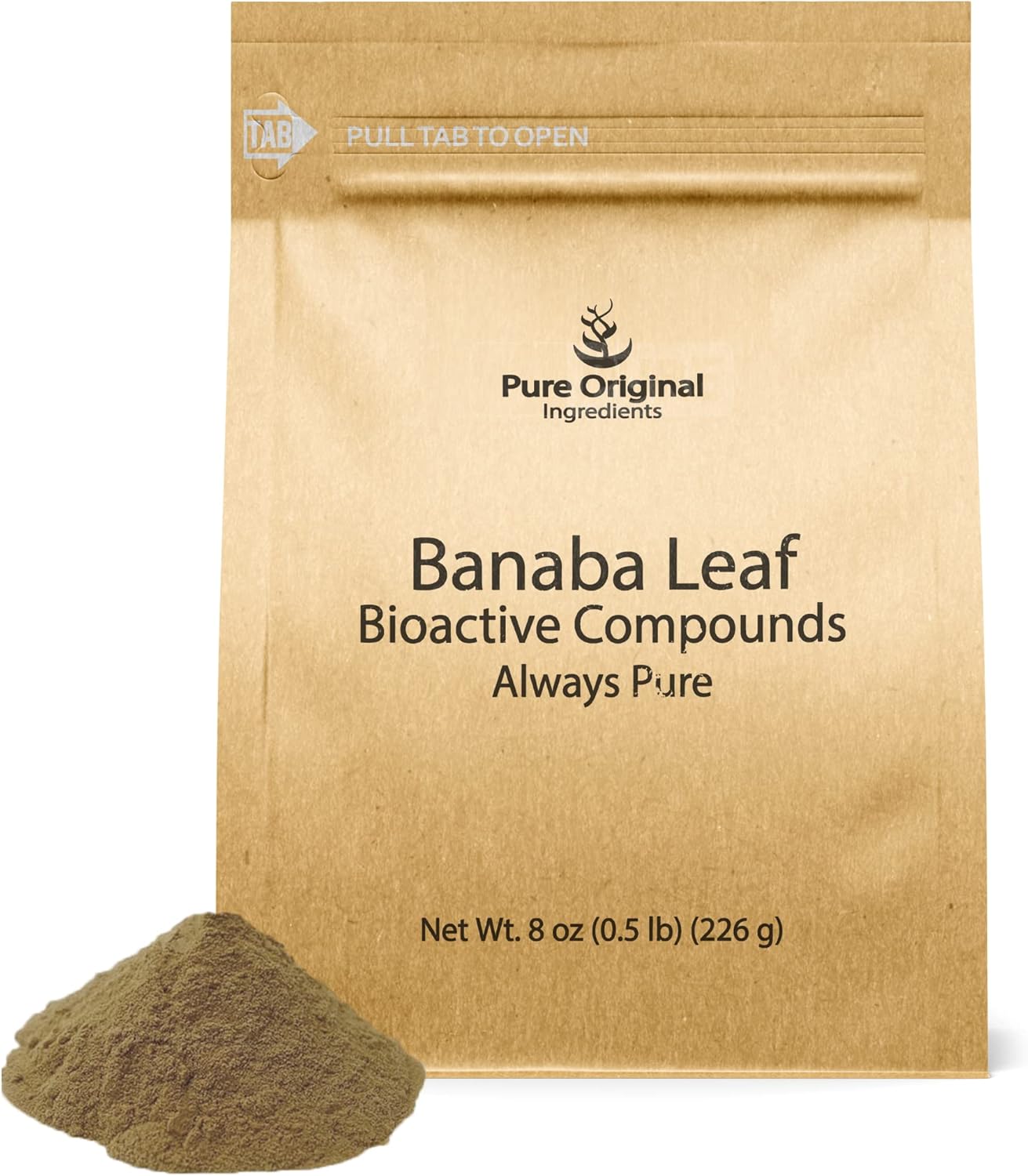 PURE ORIGINAL INGREDIENTS Polvo de hoja de banaba (8 onzas) siempre puro, sin rellenos ni aditivos, sin OMG