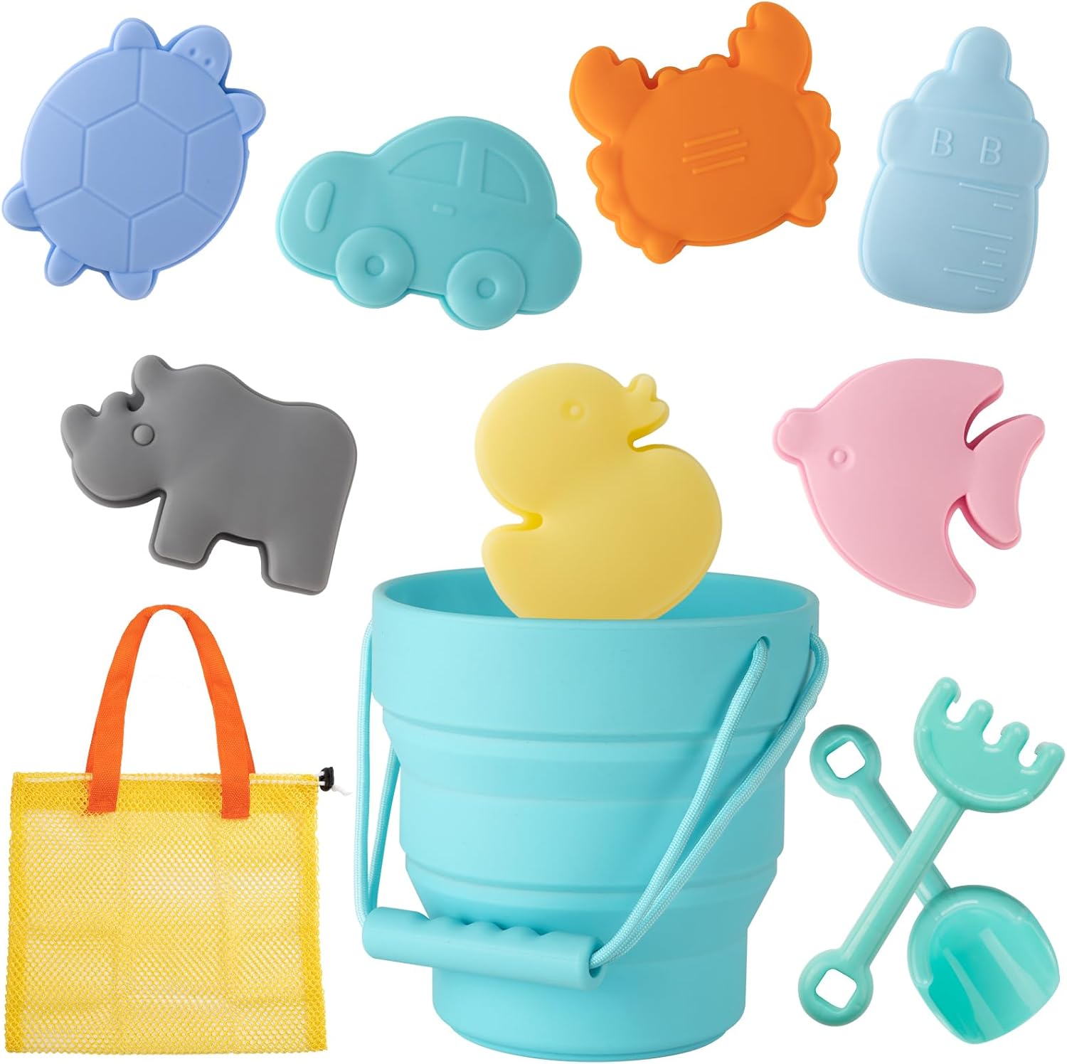 WEYOVGO Juguetes de playa de silicona plegables para la playa, juguetes de playa para niños, cubo de arena y palas con bolsa de malla, moldes de