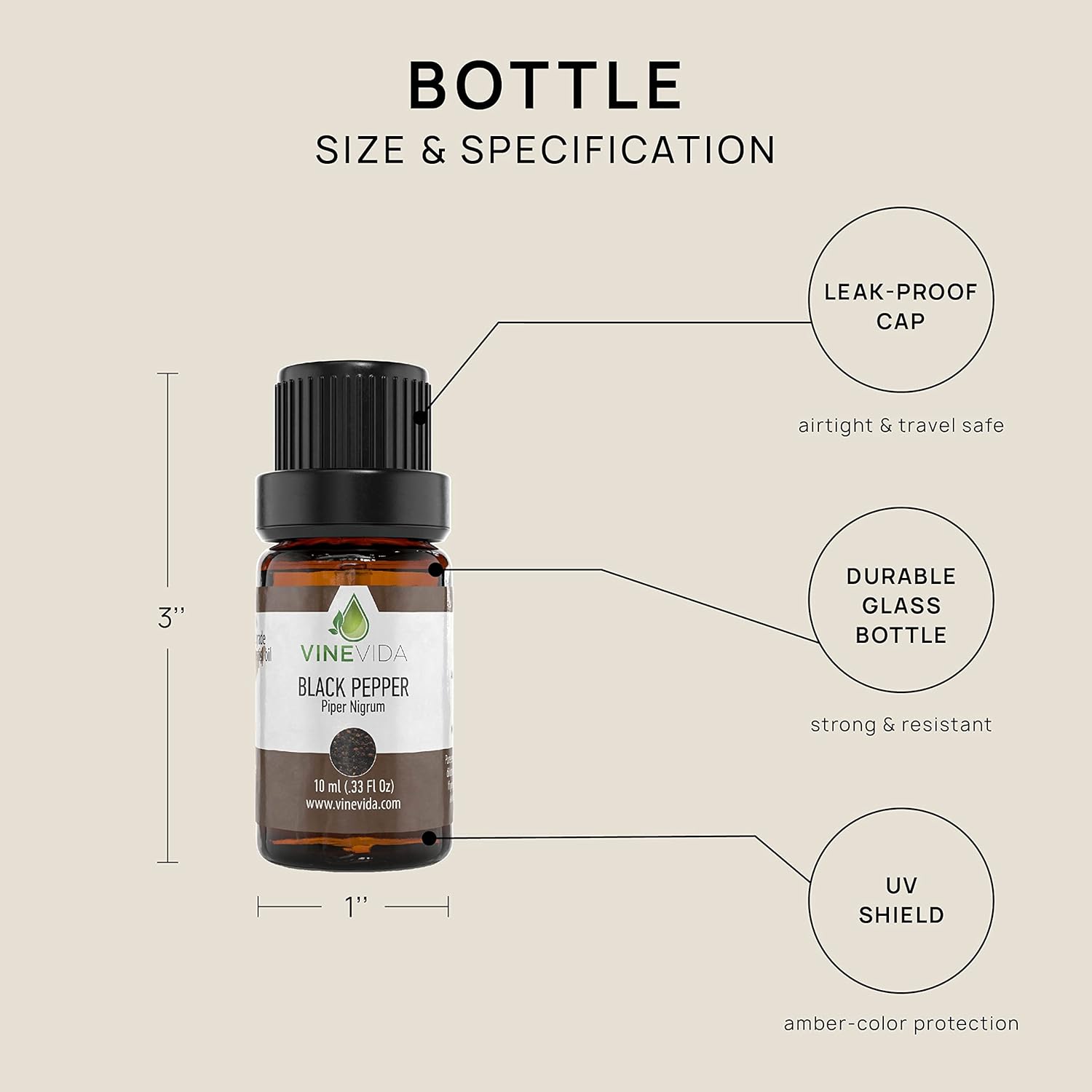 VINEVIDA Aceite esencial de pimienta negra, 0.3 fl oz, sin diluir, puro, vegano, botella de vidrio reutilizable con cuentagotas Euro
