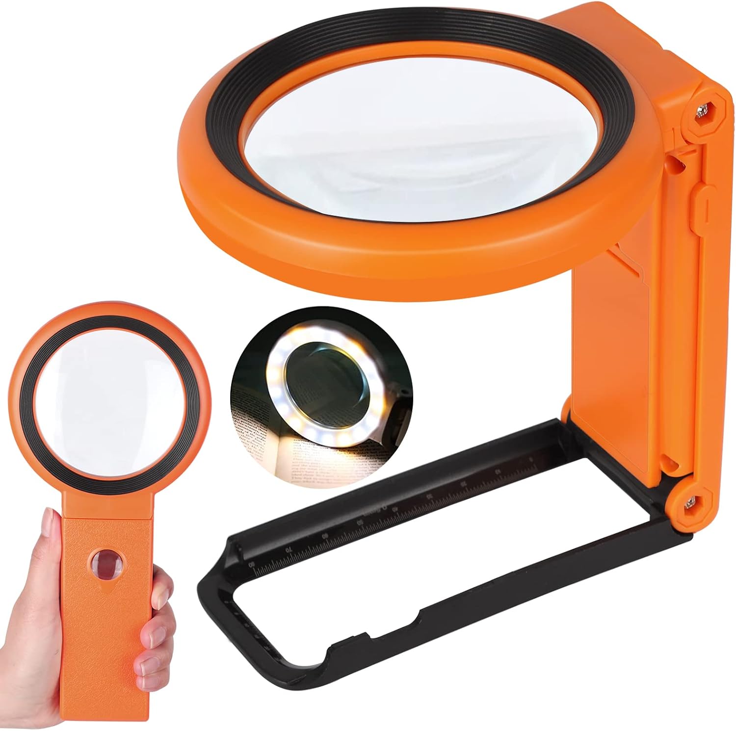 Lupa de 30 x 40X con luz y soporte, lupa plegable de mano con 18 luces LED iluminadas para degeneración macular, lectura de personas mayores,