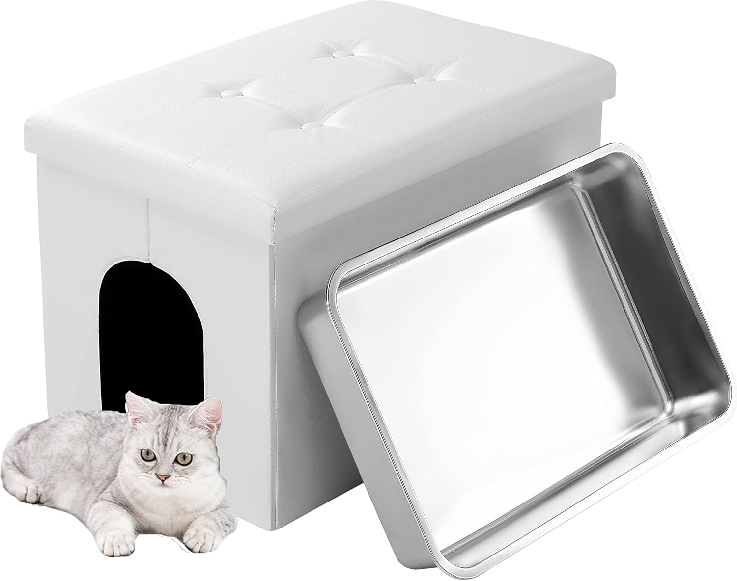 MEEXPAWS Caja de arena de acero inoxidable para gatos, mueble oculto, banco grande para baño para gatos, 25.6 x 17.7 x 17.7 pulgadas, a prueba de