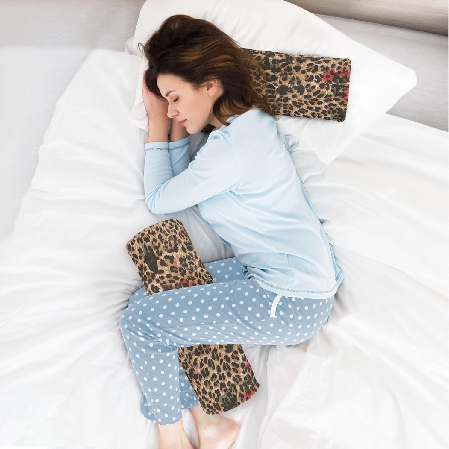 KLL Leopard Pattern Wild Round Cervical Roll Bolster Pillow Sleep Neck Roll Pillow Long Round Pillows for Bed Cylinder Throw Pillow Bolster Pillow