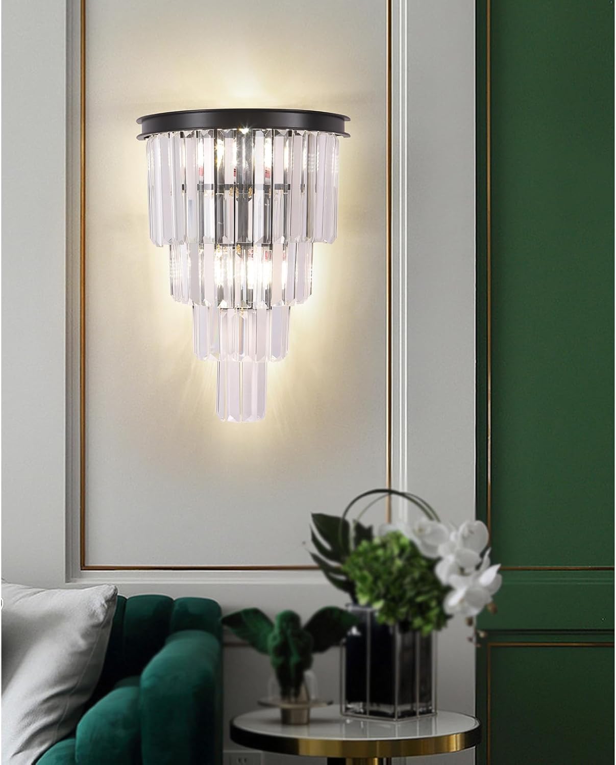 DOYFDOX Aplique de pared de cristal negro, moderno K9 de 4 niveles, lámpara de pared de cristal transparente para sala de estar, dormitorio, espejo,