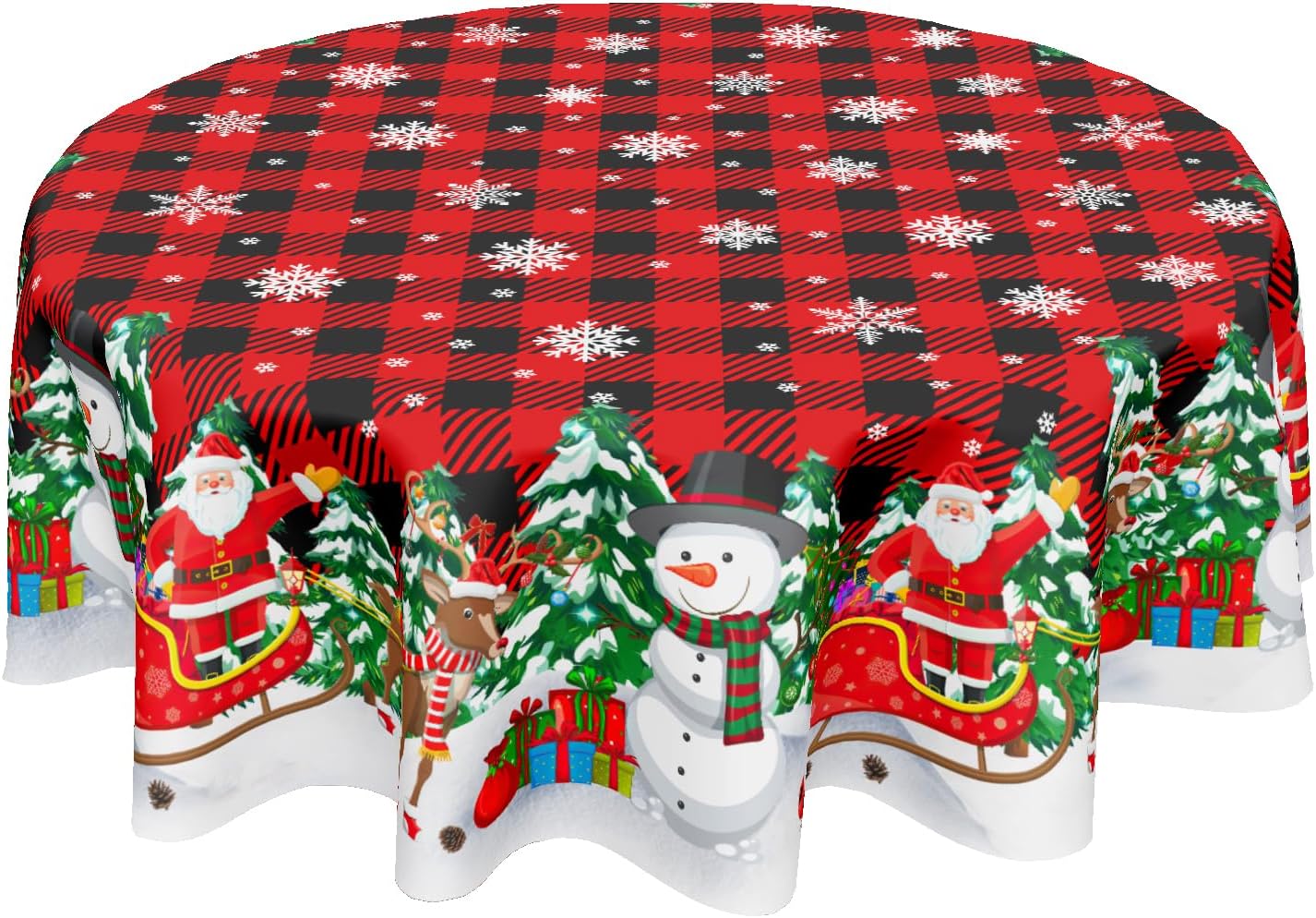 Mantel de Navidad redondo de 60 pulgadas, color negro y rojo, a cuadros, copo de nieve, mantel de invierno, lavable, muñeco de nieve, para cocina,