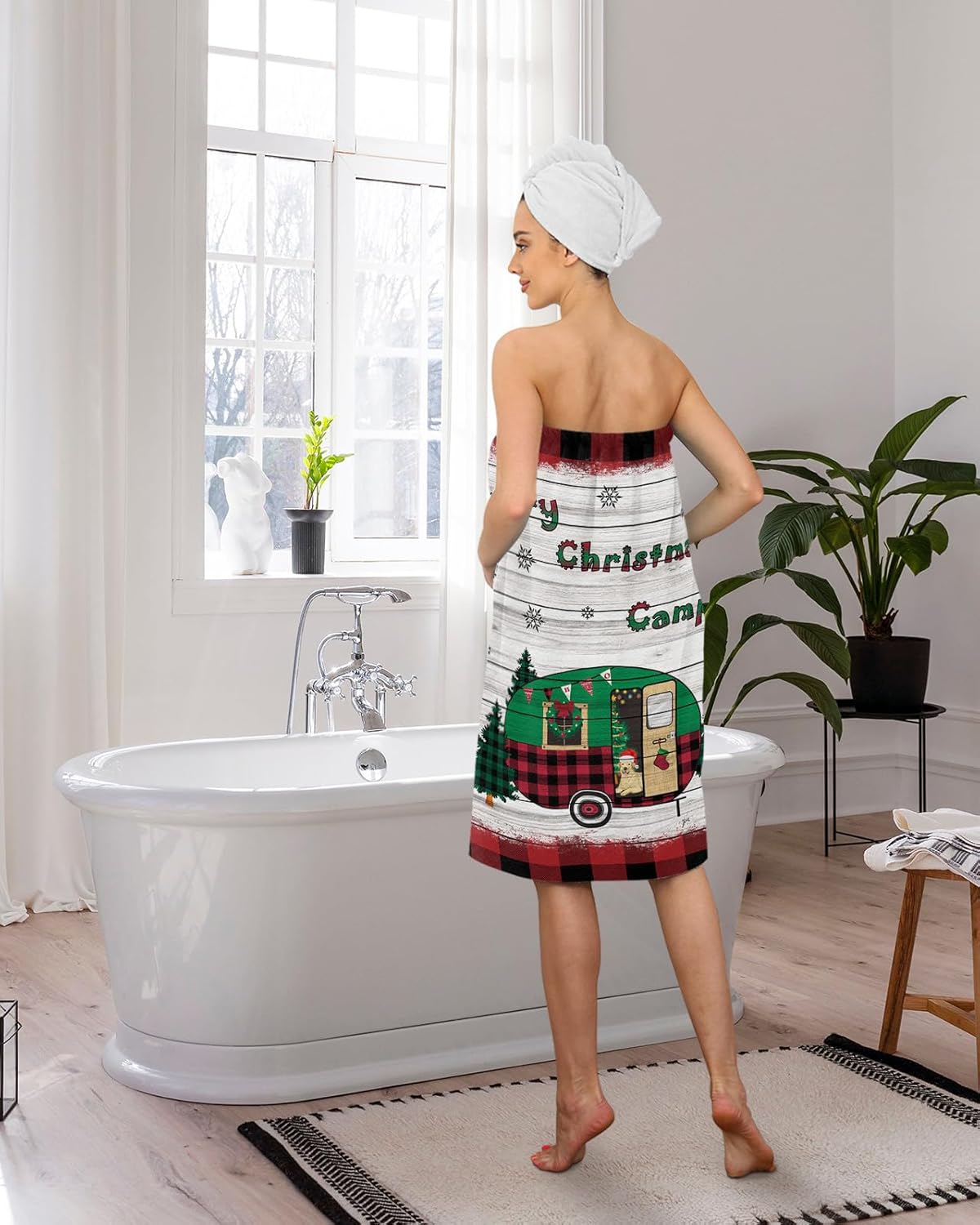 Shower Wrap Robe for Women Bath Body Towel Wrap Spa Merry Christmas Soft Absorbent Bathrobe with Adjustable Snap Closure Button Design Bathroom