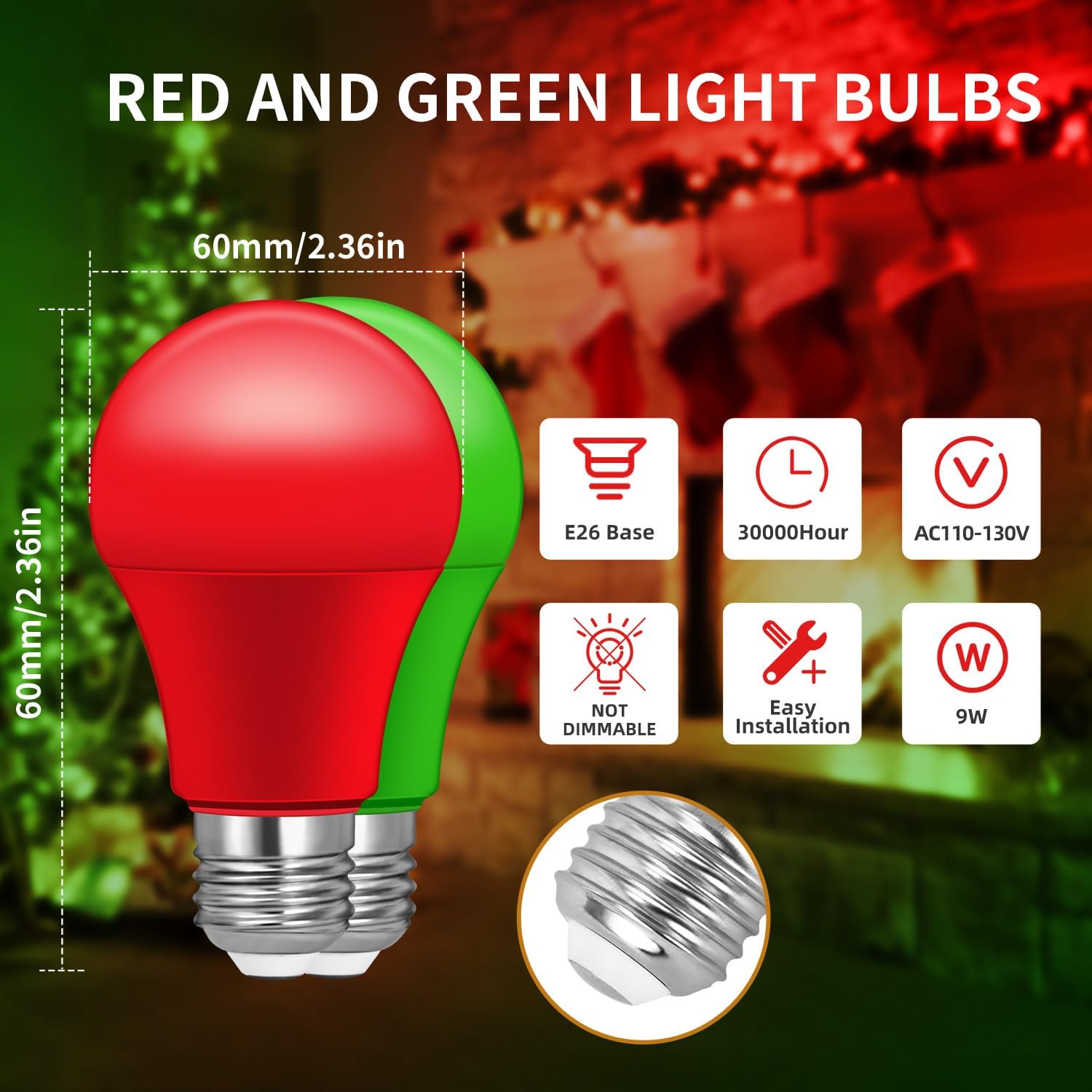 Bombillas de luz de Navidad, bombillas LED A19 rojas, bombillas verdes, bombillas rojas y verdes, equivalente a 60 W 9 W, base E26, bombilla de