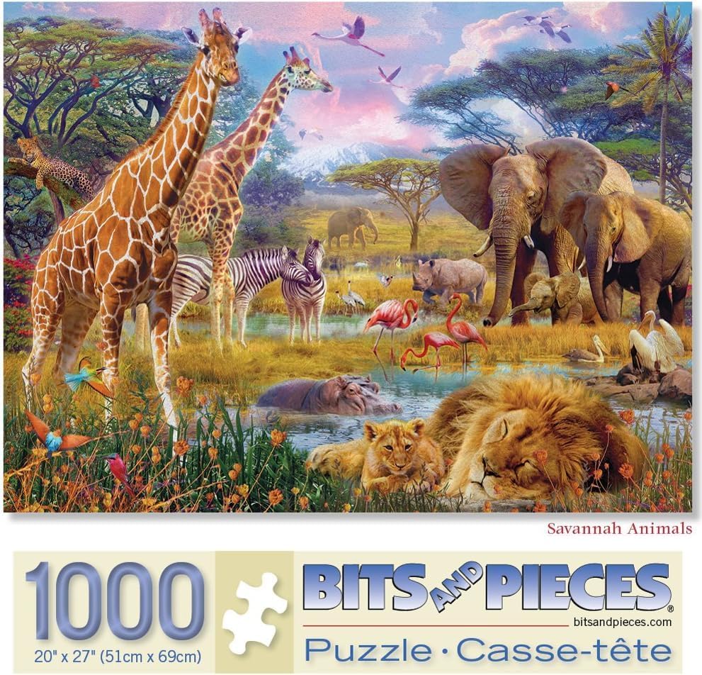 Bits and Pieces – Rompecabezas de 1000 piezas para adultos – Savannah Animals – Rompecabezas de escena de la selva de 1000 piezas por el artista Jan